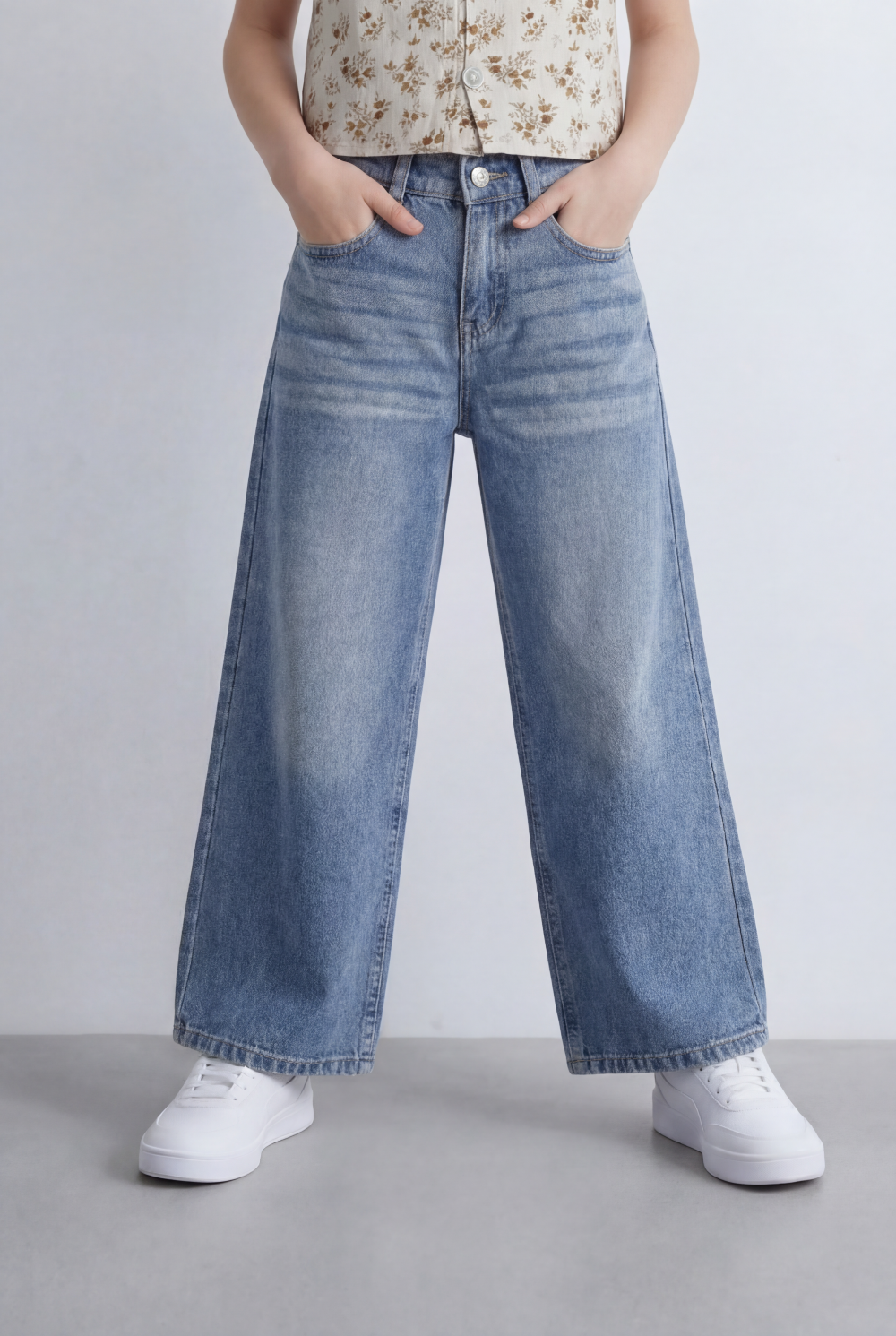 Girl's Tomato Store Wide Leg Denim High Rise Fit Classic Five Pocket Design Button Closure Belt Loops