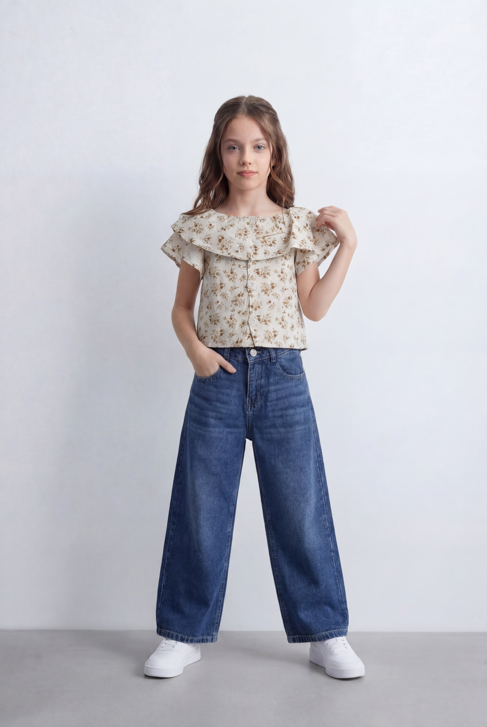 Girl's Tomato Store Wide Leg Denim High Rise Fit Classic Five Pocket Design Button Closure Belt Loops