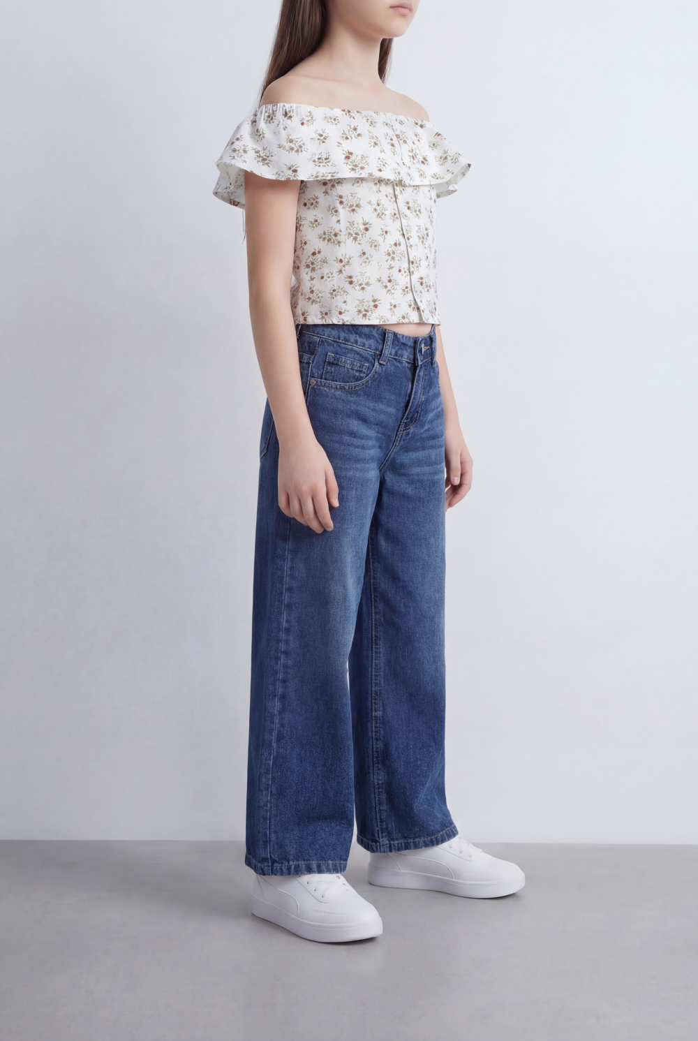 Girl's Tomato Store Wide Leg Denim High Rise Fit Classic Five Pocket Design Button Closure Belt Loops