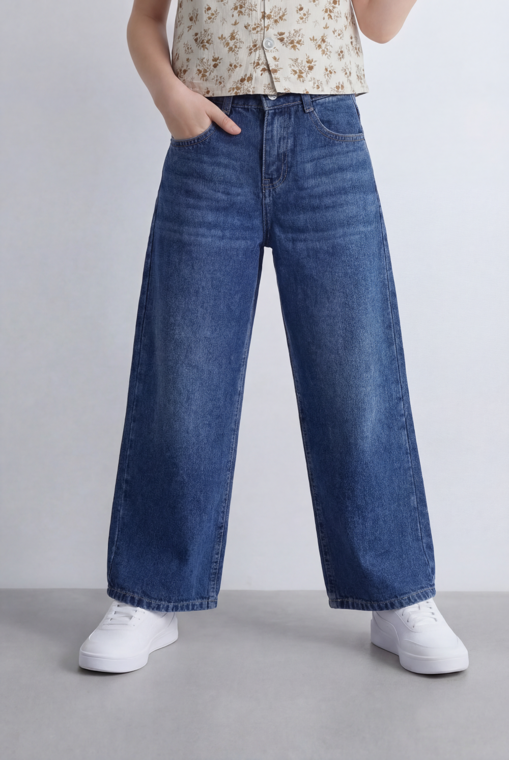 Girl's Tomato Store Wide Leg Denim High Rise Fit Classic Five Pocket Design Button Closure Belt Loops