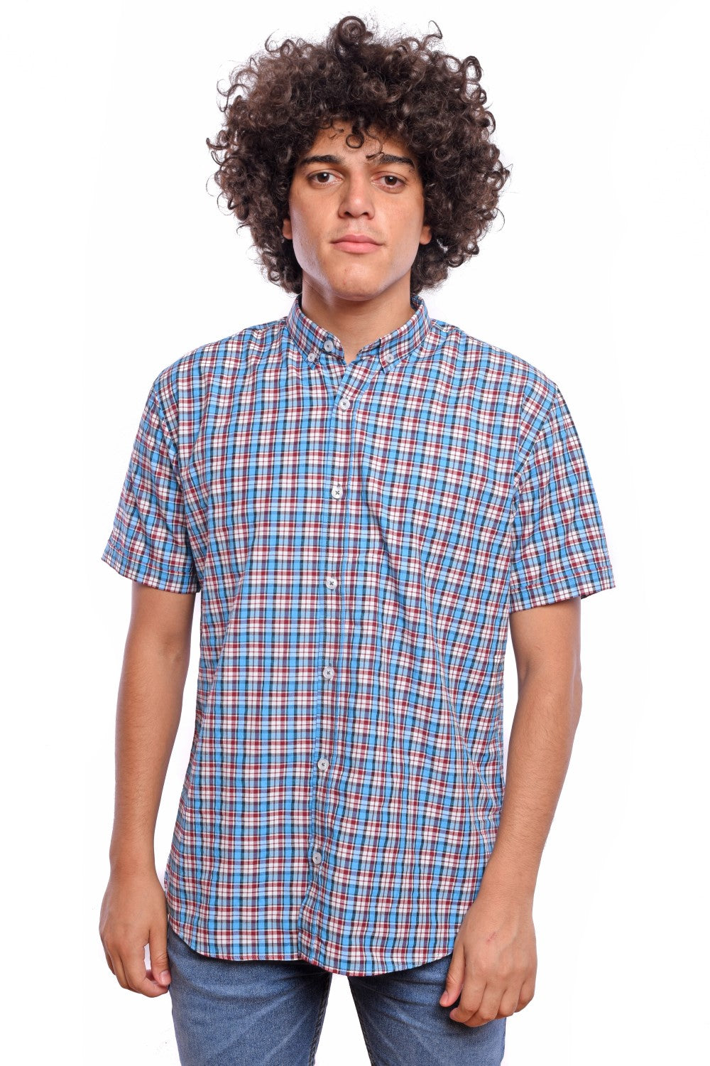 Men's Tomato Store Summer Woven Check Shirt Classic Plaid Pattern Button-Down Collar Short Sleeve Slim Fit