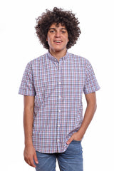 Men's Tomato Store Summer Woven Check Shirt Classic Plaid Pattern Button-Down Collar Short Sleeve Slim Fit