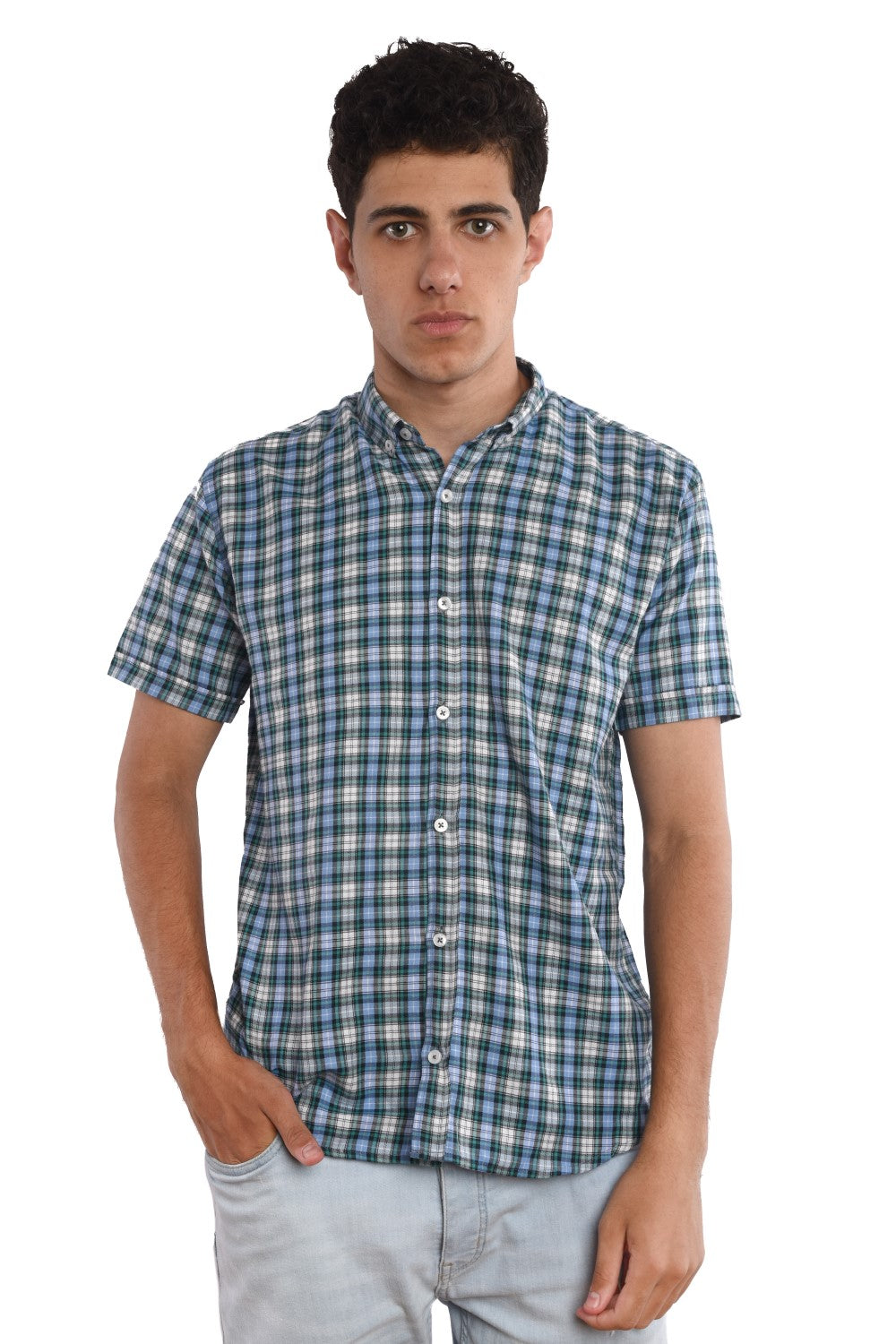 Men's Tomato Store Shirt Mini Check Pattern Short Sleeve Button Front