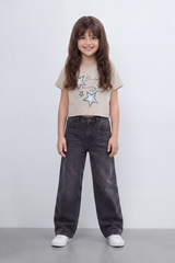Girl's Tomato Store Bright Star Cropped T-Shirt Front Brush Star Graphic Mixed With Handwritten Script Quote Plain Slim Fit