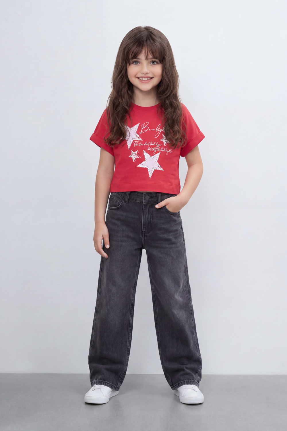 Girl's Tomato Store Bright Star Cropped T-Shirt Front Brush Star Graphic Mixed With Handwritten Script Quote Plain Slim Fit