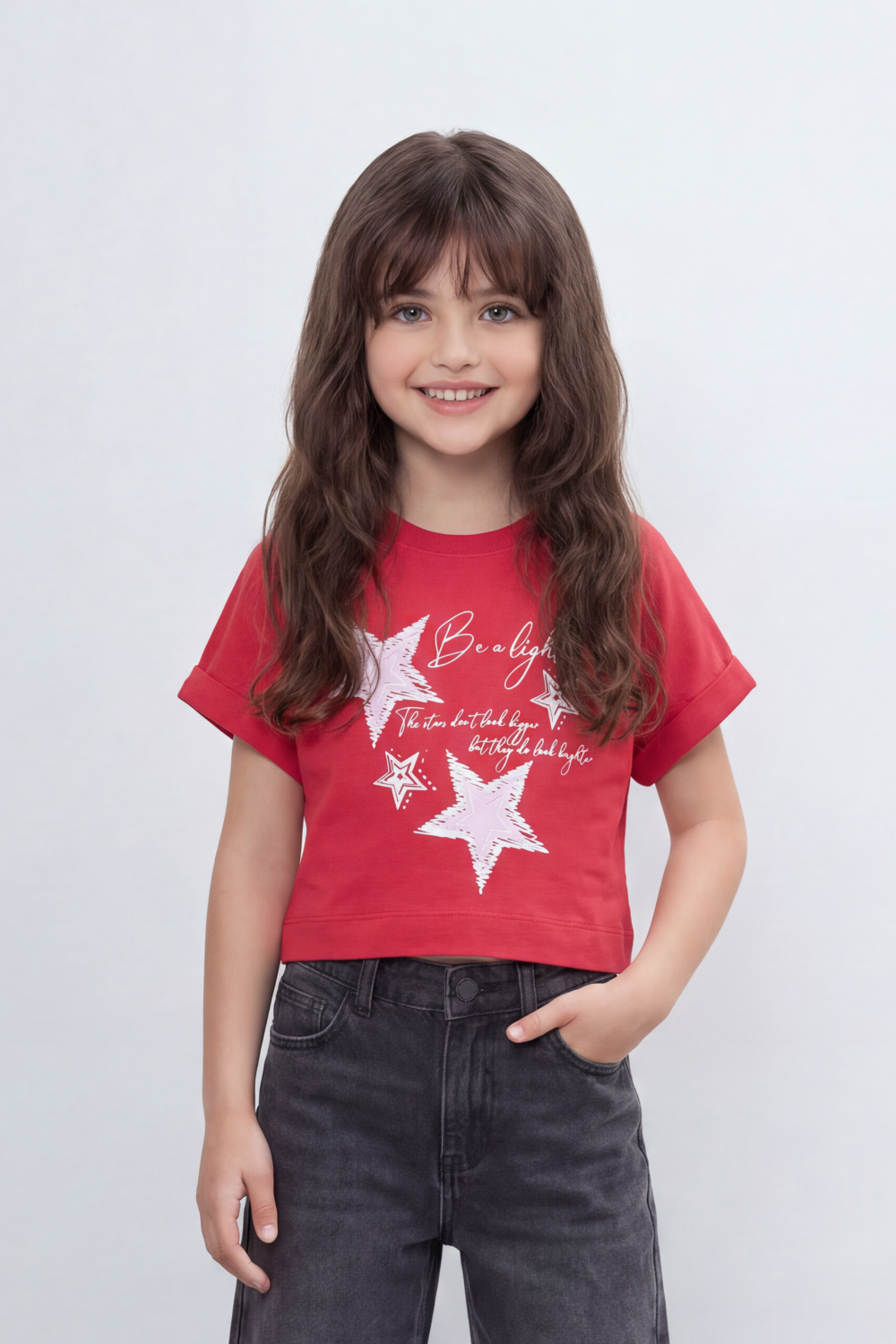Girl's Tomato Store Bright Star Cropped T-Shirt Front Brush Star Graphic Mixed With Handwritten Script Quote Plain Slim Fit