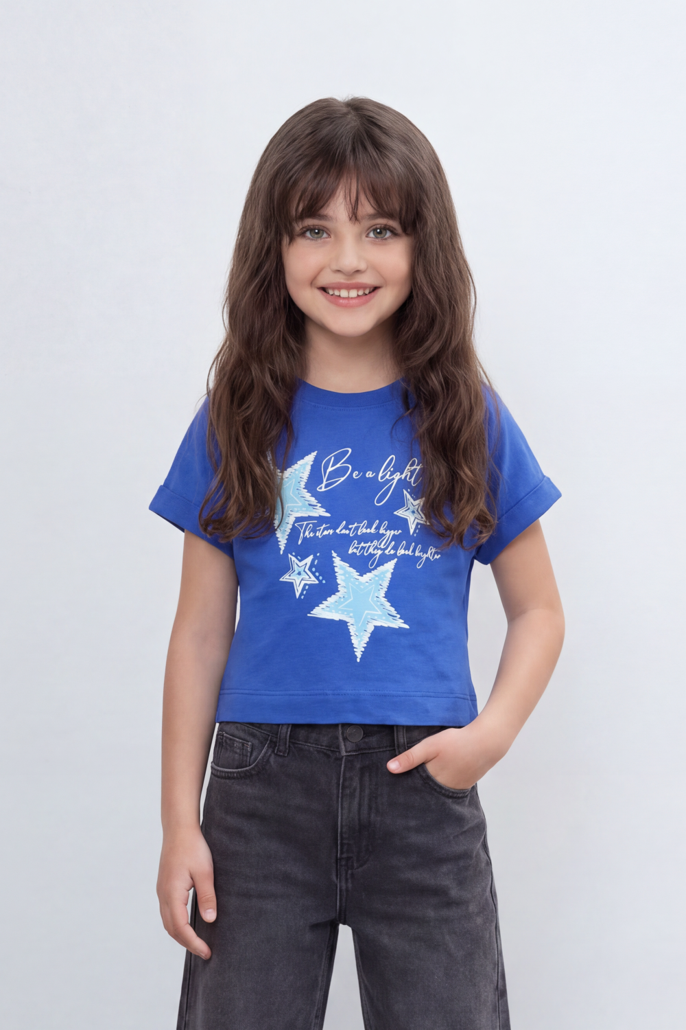 Girl's Tomato Store Bright Star Cropped T-Shirt Front Brush Star Graphic Mixed With Handwritten Script Quote Plain Slim Fit
