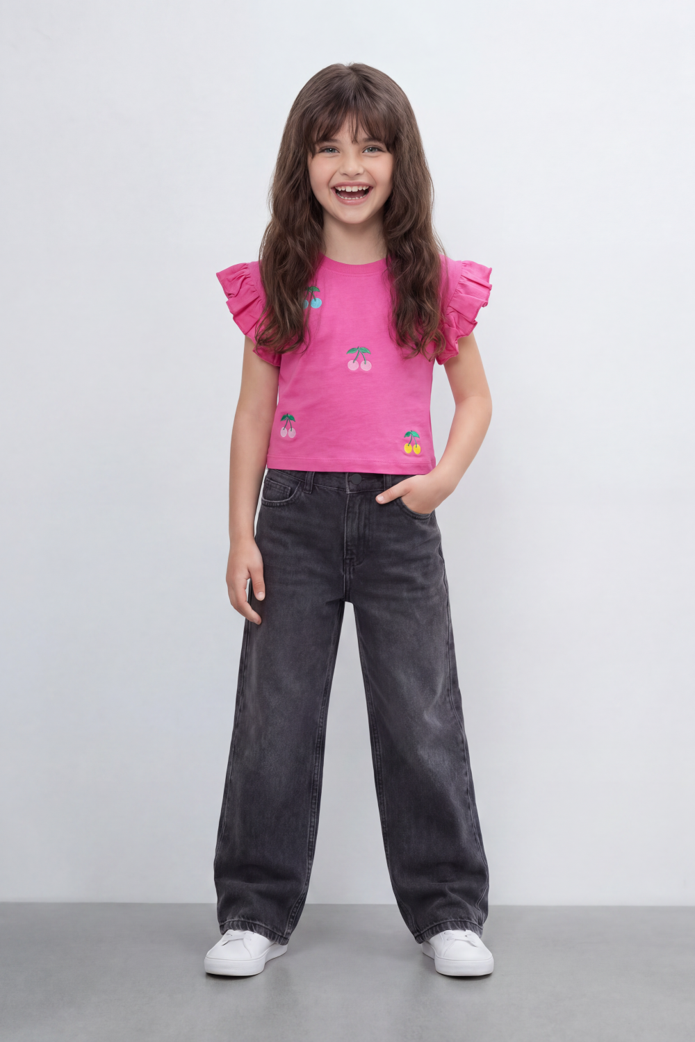Girl's Tomato Store Cherry Pop Cropped T-Shirt Scattered Mini Cherry Artwork On Clean Plain