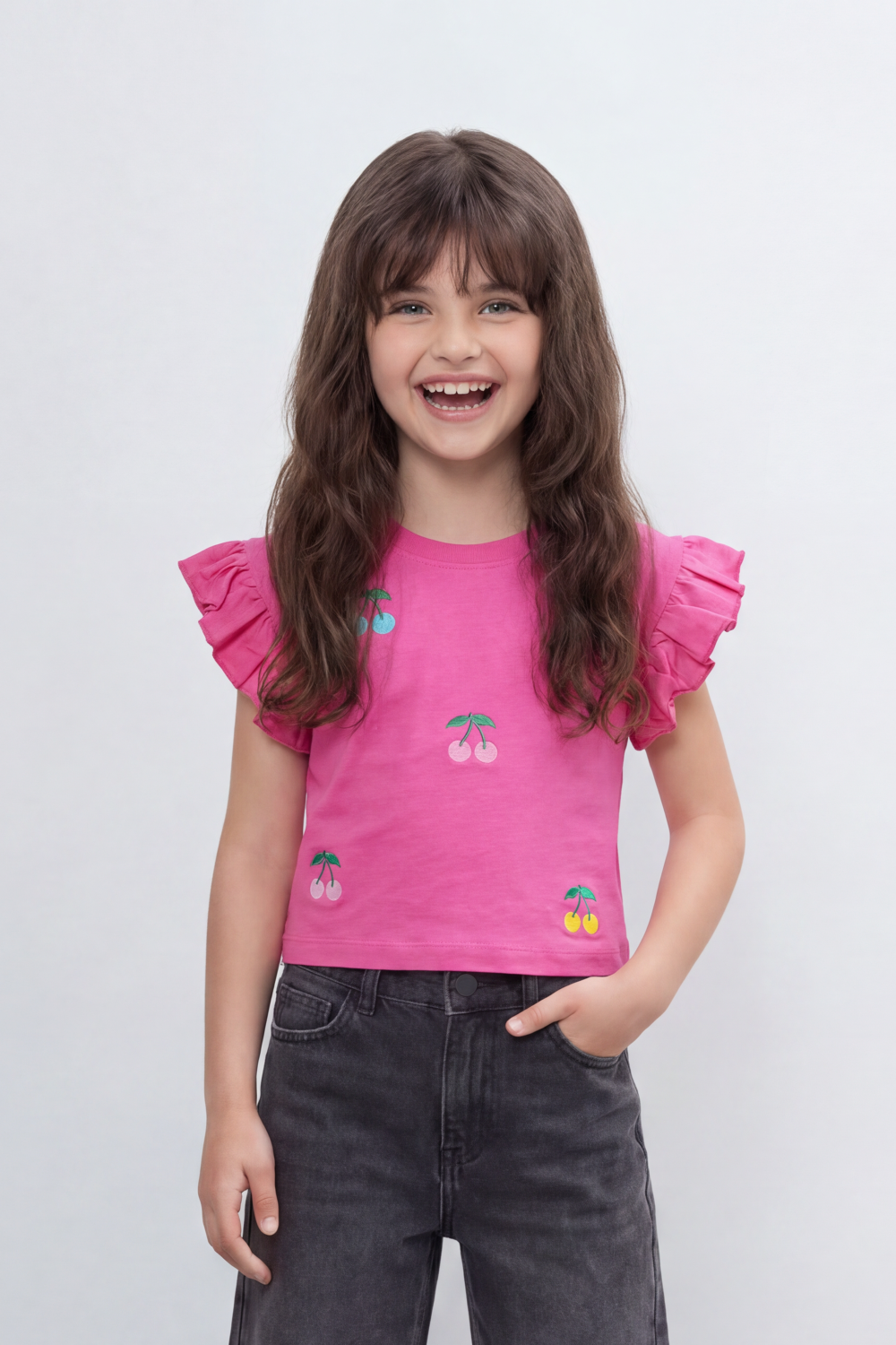 Girl's Tomato Store Cherry Pop Cropped T-Shirt Scattered Mini Cherry Artwork On Clean Plain