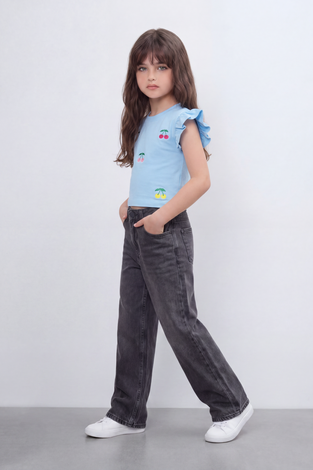 Girl's Tomato Store Cherry Pop Cropped T-Shirt Scattered Mini Cherry Artwork On Clean Plain