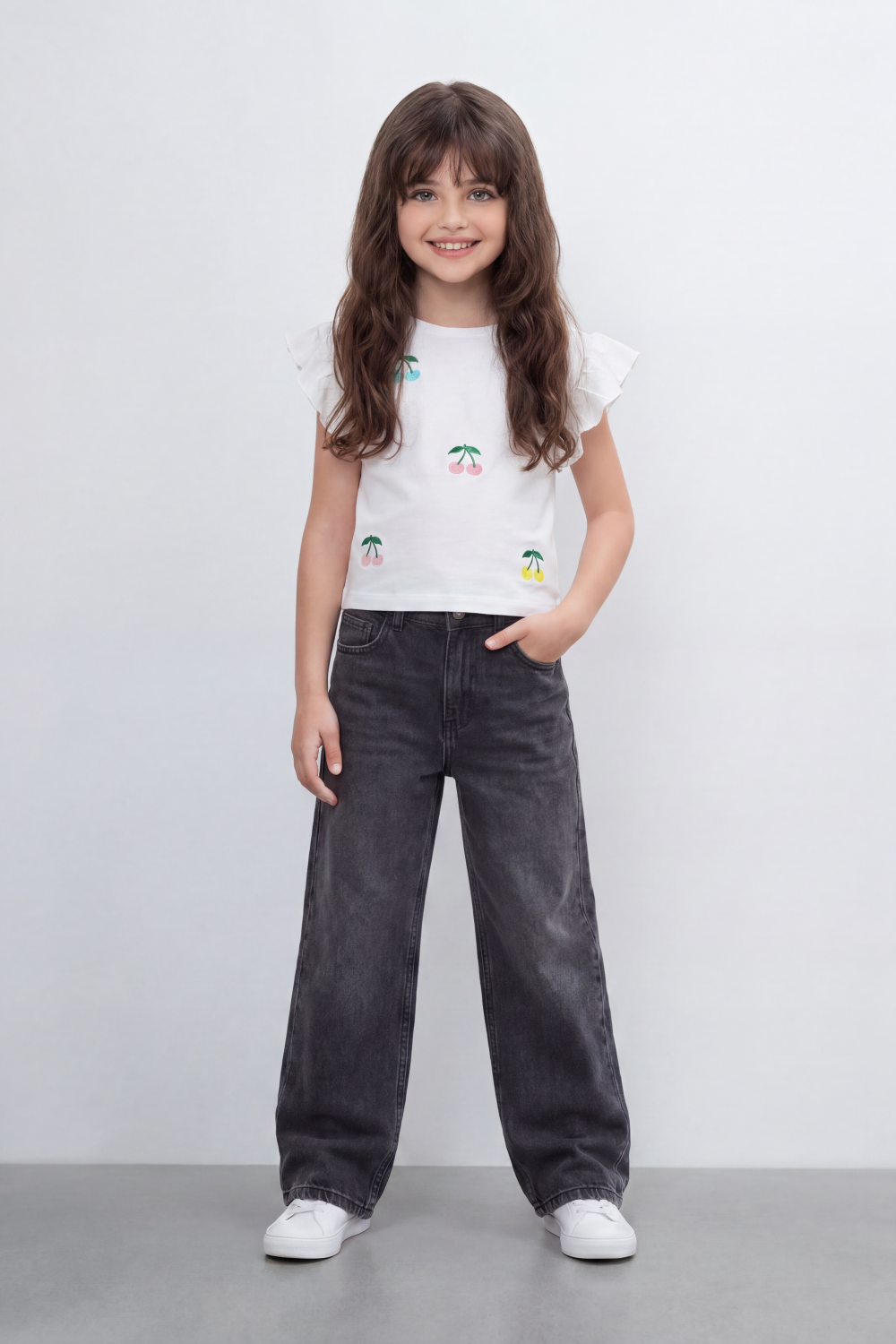 Girl's Tomato Store Cherry Pop Cropped T-Shirt Scattered Mini Cherry Artwork On Clean Plain