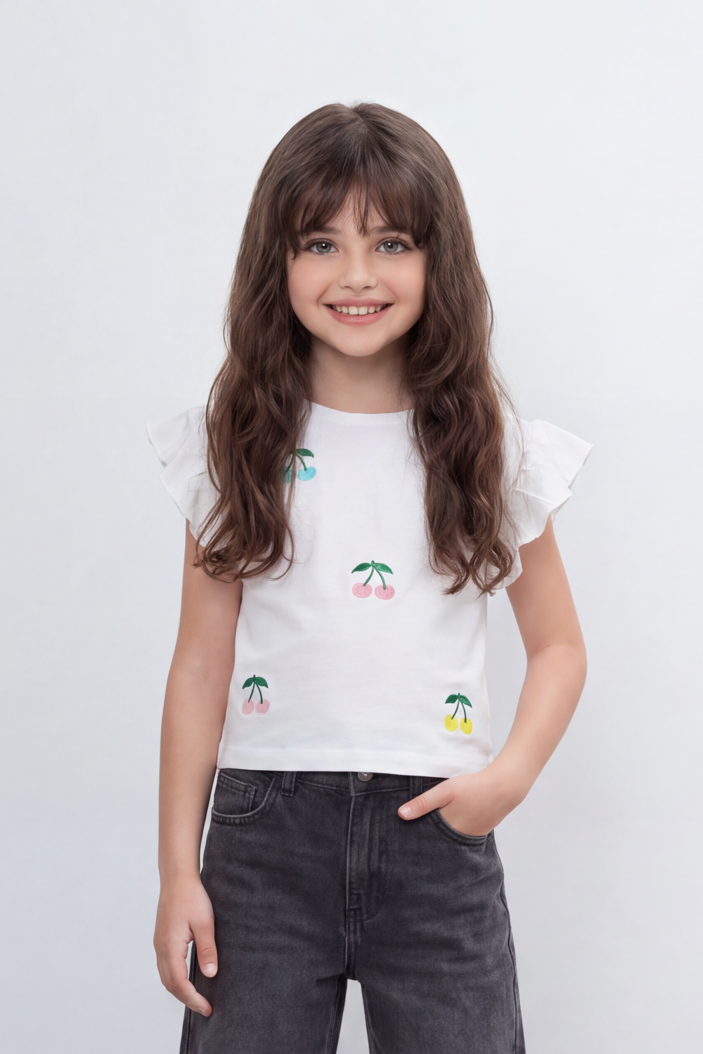 Girl's Tomato Store Cherry Pop Cropped T-Shirt Scattered Mini Cherry Artwork On Clean Plain