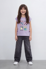 Girls Tomato Store Graphic Top Featuring Colorful Travel Inspired Artwork, Side Tie Details And Rolled Sleeves