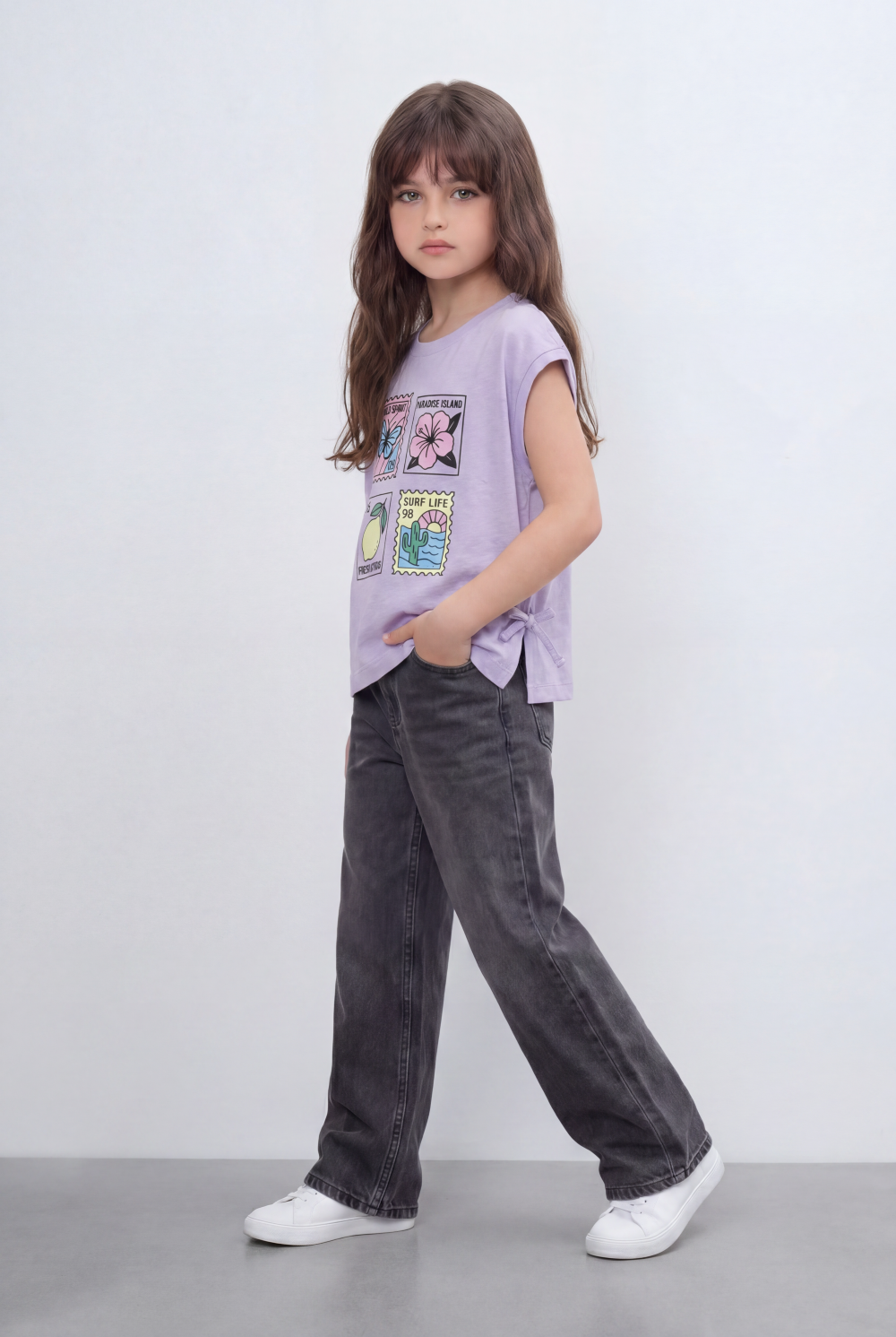 Girls Tomato Store Graphic Top Featuring Colorful Travel Inspired Artwork, Side Tie Details And Rolled Sleeves