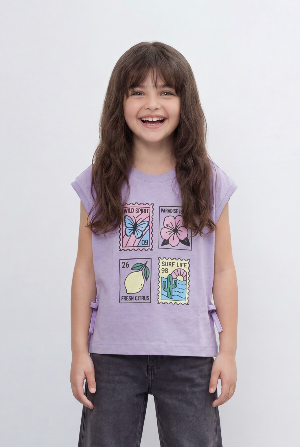 Girls Tomato Store Graphic Top Featuring Colorful Travel Inspired Artwork, Side Tie Details And Rolled Sleeves