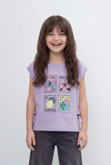 Girls Tomato Store Graphic Top Featuring Colorful Travel Inspired Artwork, Side Tie Details And Rolled Sleeves