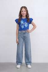 Girls Tomato Store Graphic Crop Top With Ruffle Sleeves Floral Front Print T-Shirt