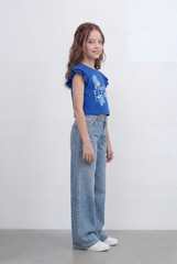 Girls Tomato Store Graphic Crop Top With Ruffle Sleeves Floral Front Print T-Shirt