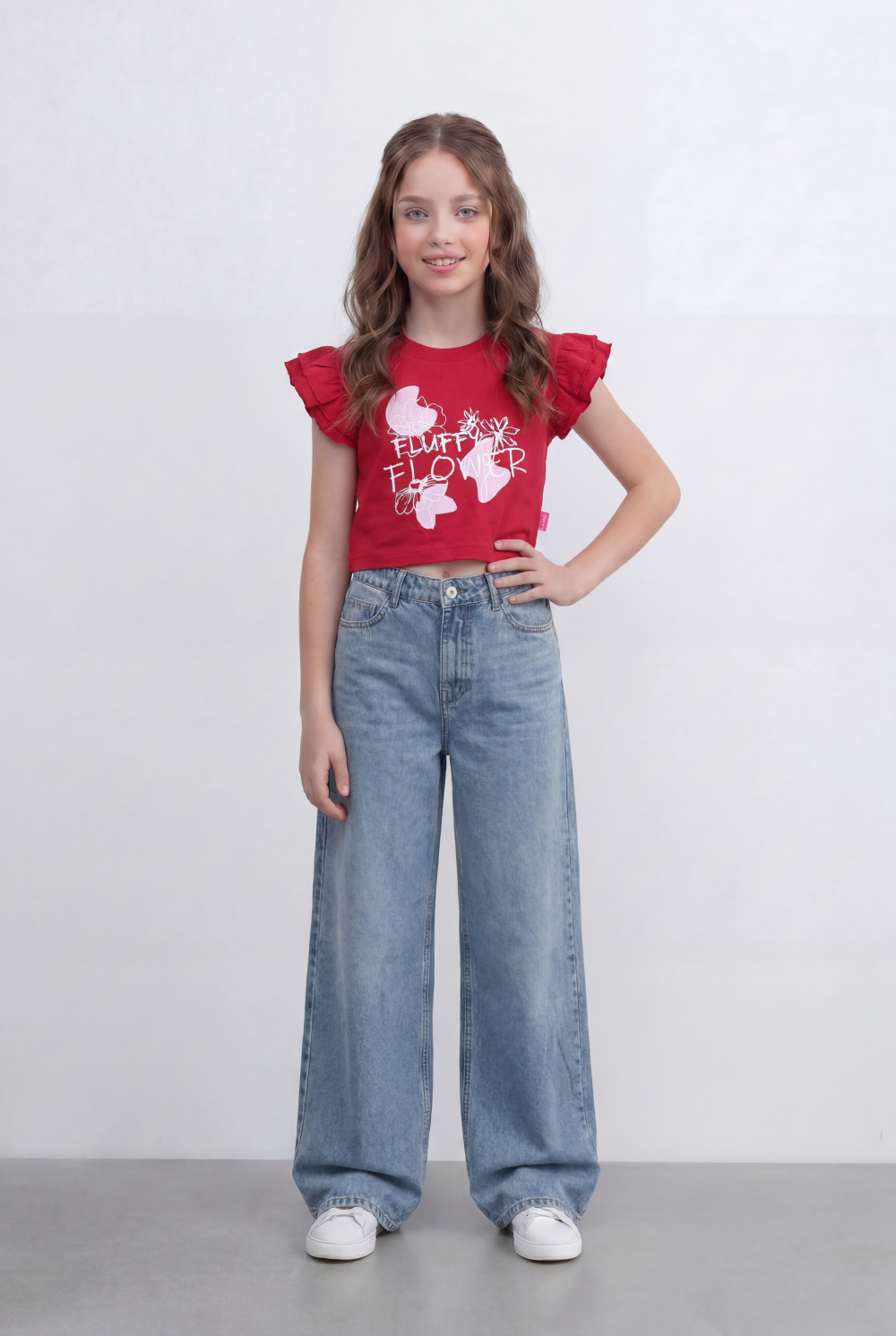 Girls Tomato Store Graphic Crop Top With Ruffle Sleeves Floral Front Print T-Shirt