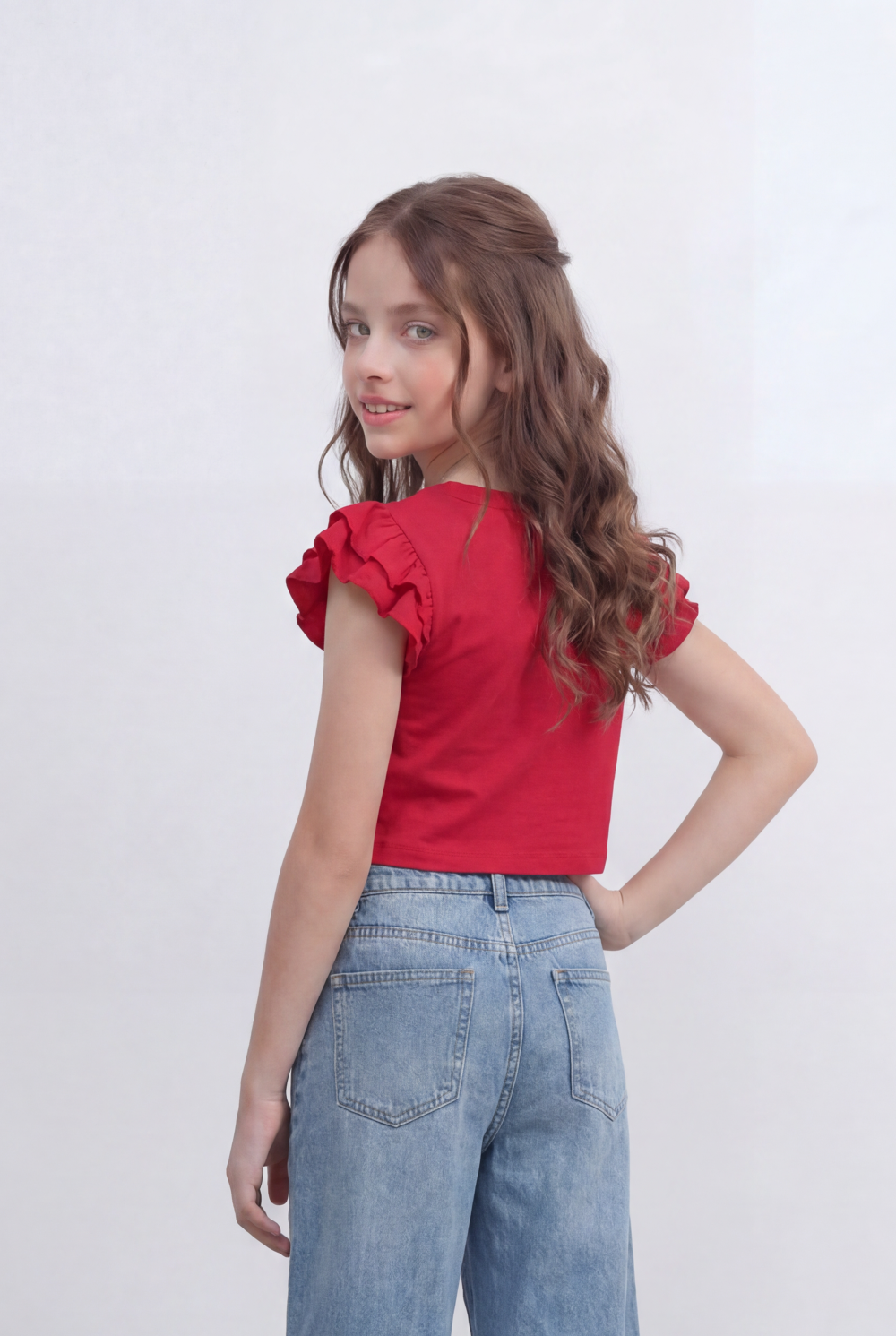 Girls Tomato Store Graphic Crop Top With Ruffle Sleeves Floral Front Print T-Shirt