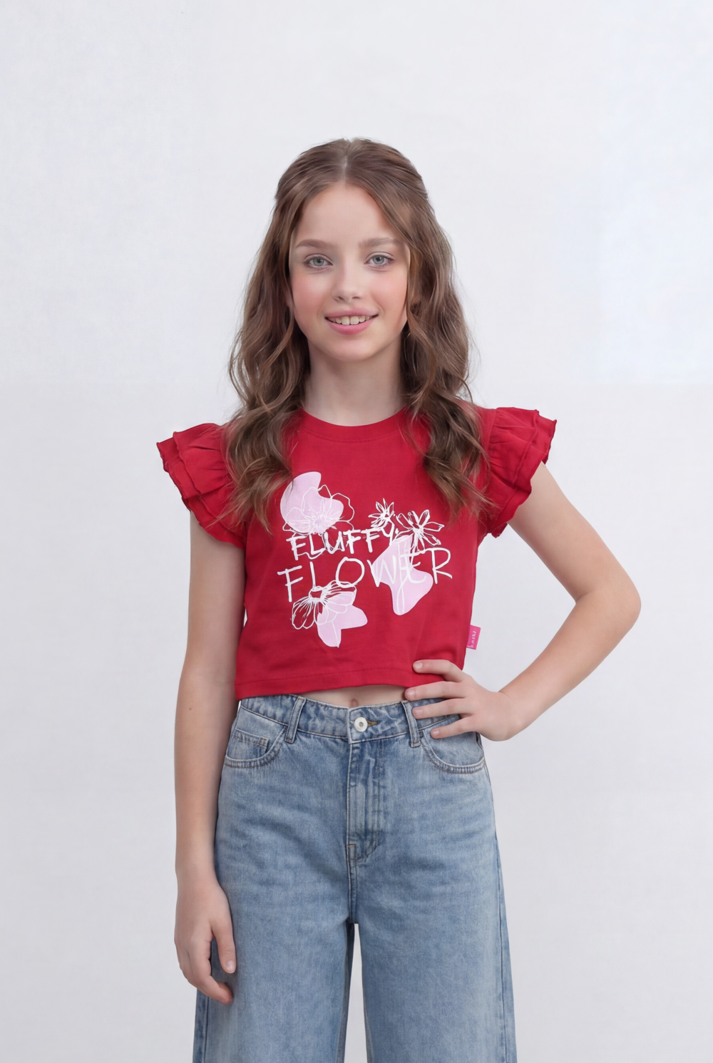 Girls Tomato Store Graphic Crop Top With Ruffle Sleeves Floral Front Print T-Shirt