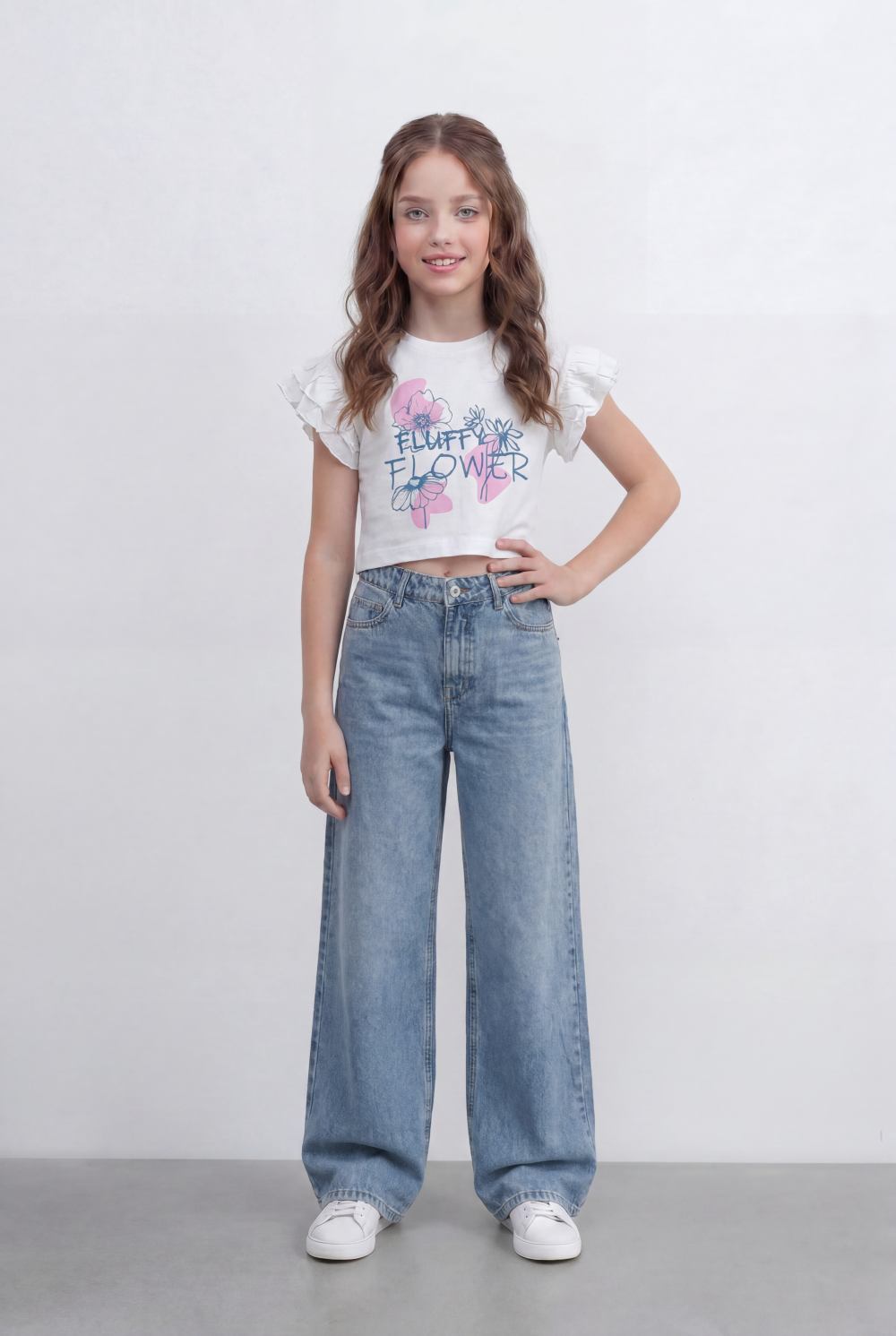 Girls Tomato Store Graphic Crop Top With Ruffle Sleeves Floral Front Print T-Shirt