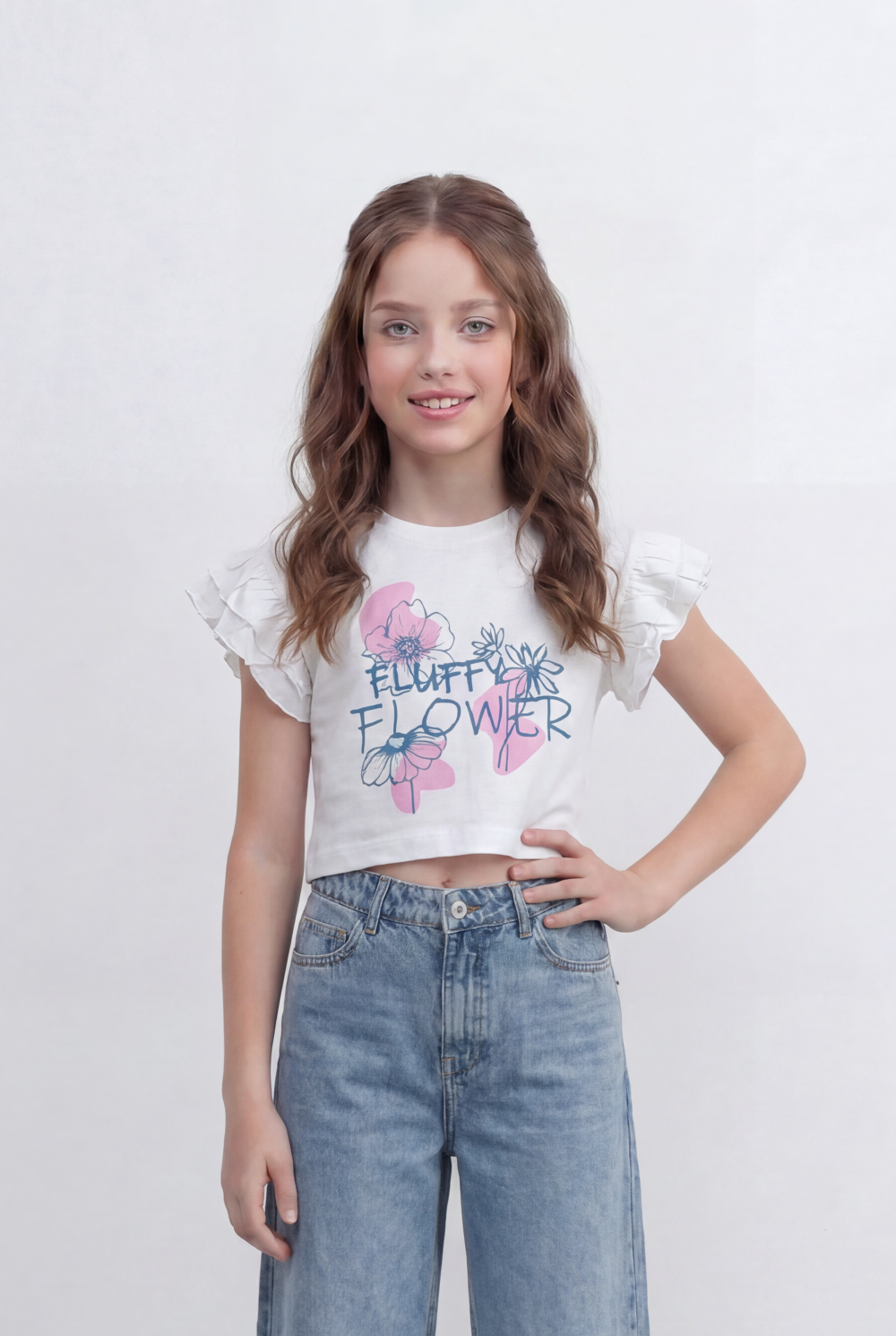 Girls Tomato Store Graphic Crop Top With Ruffle Sleeves Floral Front Print T-Shirt