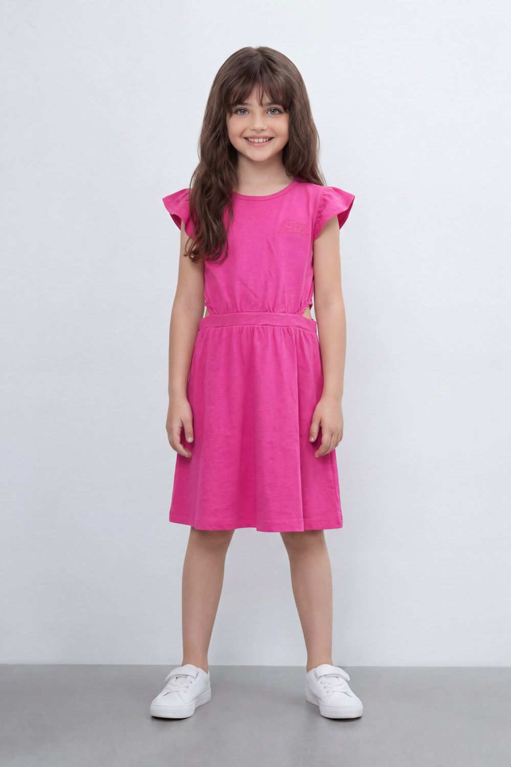 Girl's Tomato Store Sweet Bloom Dress Regular Fit Tonal Chest Script Detail Clean Plain Surface Gathered Waistline Ruffle Shoulder Trim