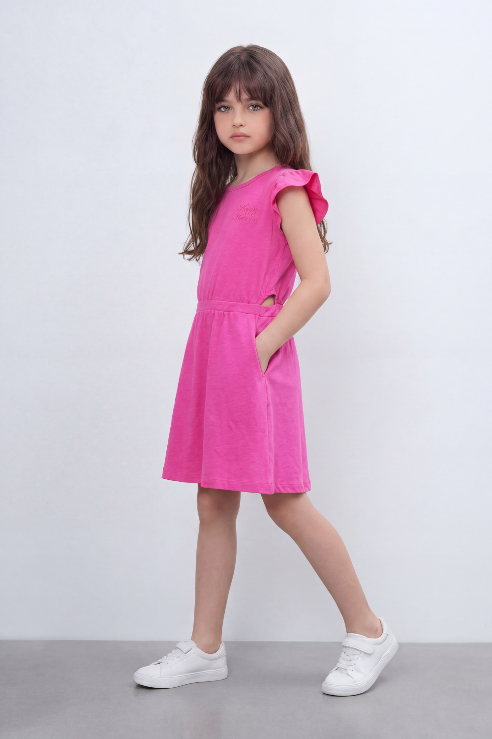 Girl's Tomato Store Sweet Bloom Dress Regular Fit Tonal Chest Script Detail Clean Plain Surface Gathered Waistline Ruffle Shoulder Trim