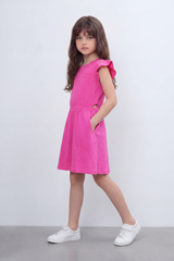 Girl's Tomato Store Sweet Bloom Dress Regular Fit Tonal Chest Script Detail Clean Plain Surface Gathered Waistline Ruffle Shoulder Trim