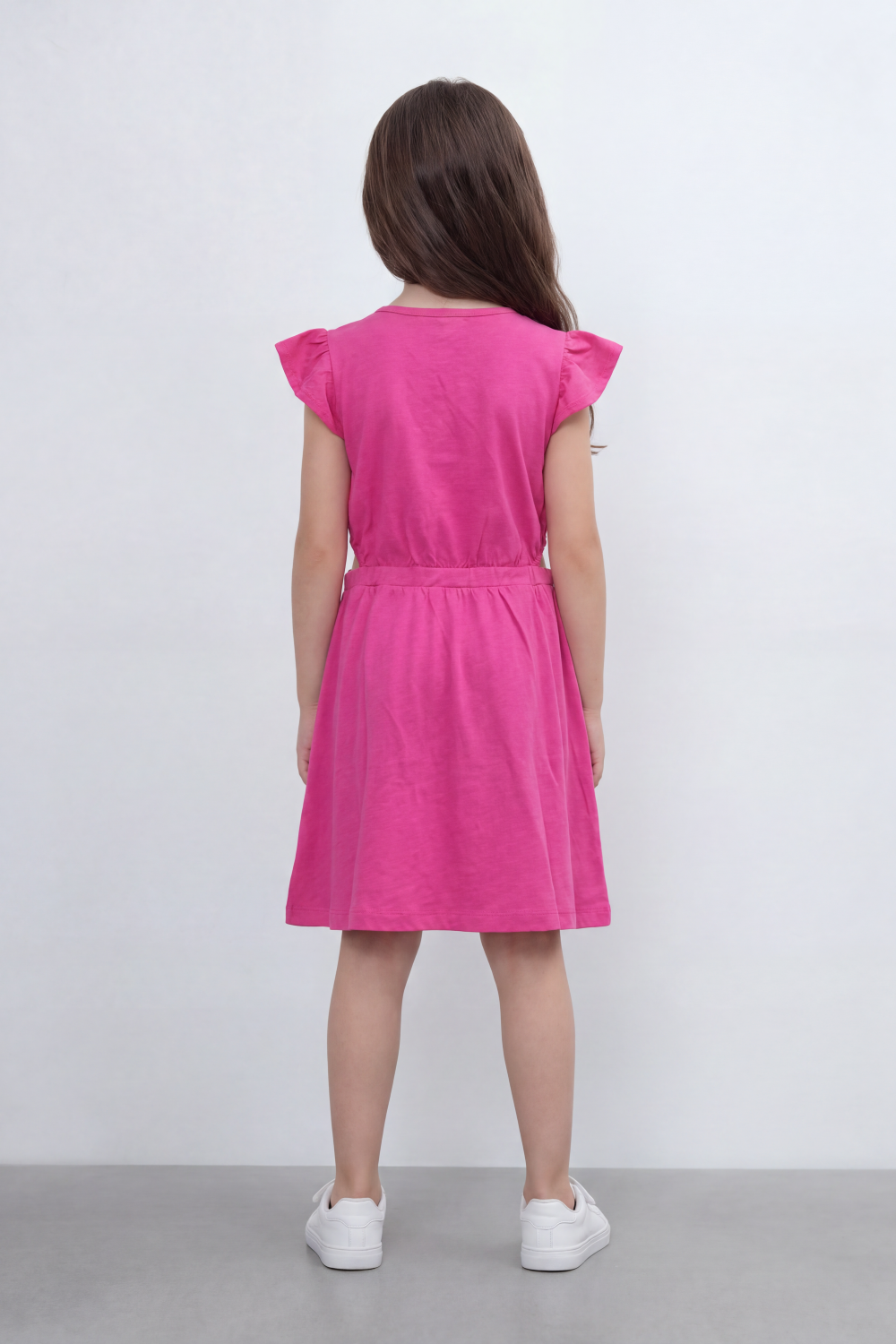 Girl's Tomato Store Sweet Bloom Dress Regular Fit Tonal Chest Script Detail Clean Plain Surface Gathered Waistline Ruffle Shoulder Trim