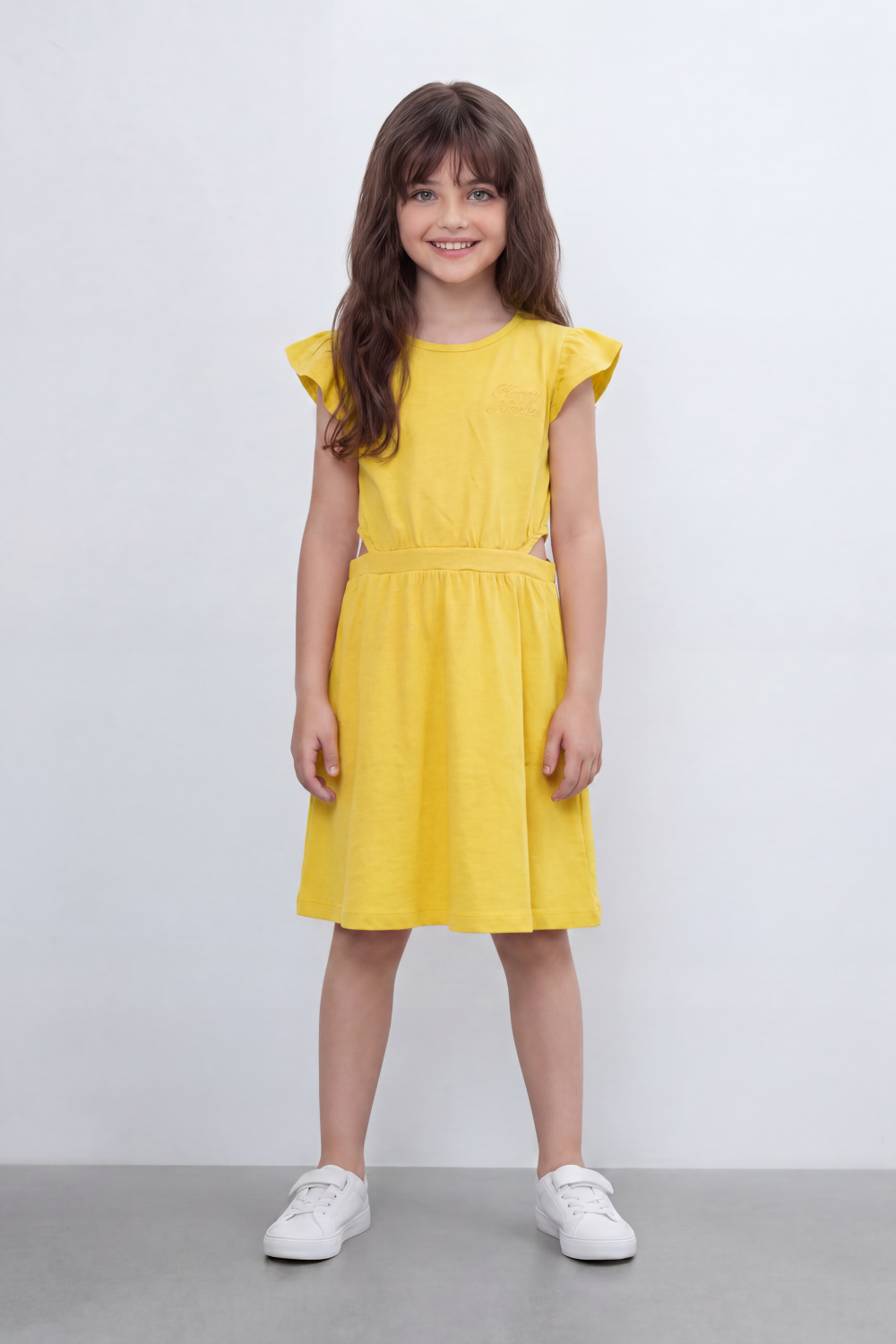 Girl's Tomato Store Sweet Bloom Dress Regular Fit Tonal Chest Script Detail Clean Plain Surface Gathered Waistline Ruffle Shoulder Trim