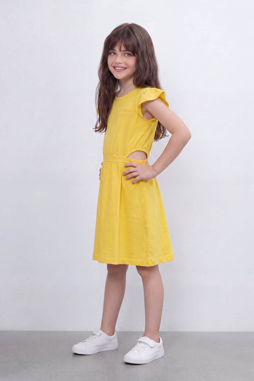 Girl's Tomato Store Sweet Bloom Dress Regular Fit Tonal Chest Script Detail Clean Plain Surface Gathered Waistline Ruffle Shoulder Trim