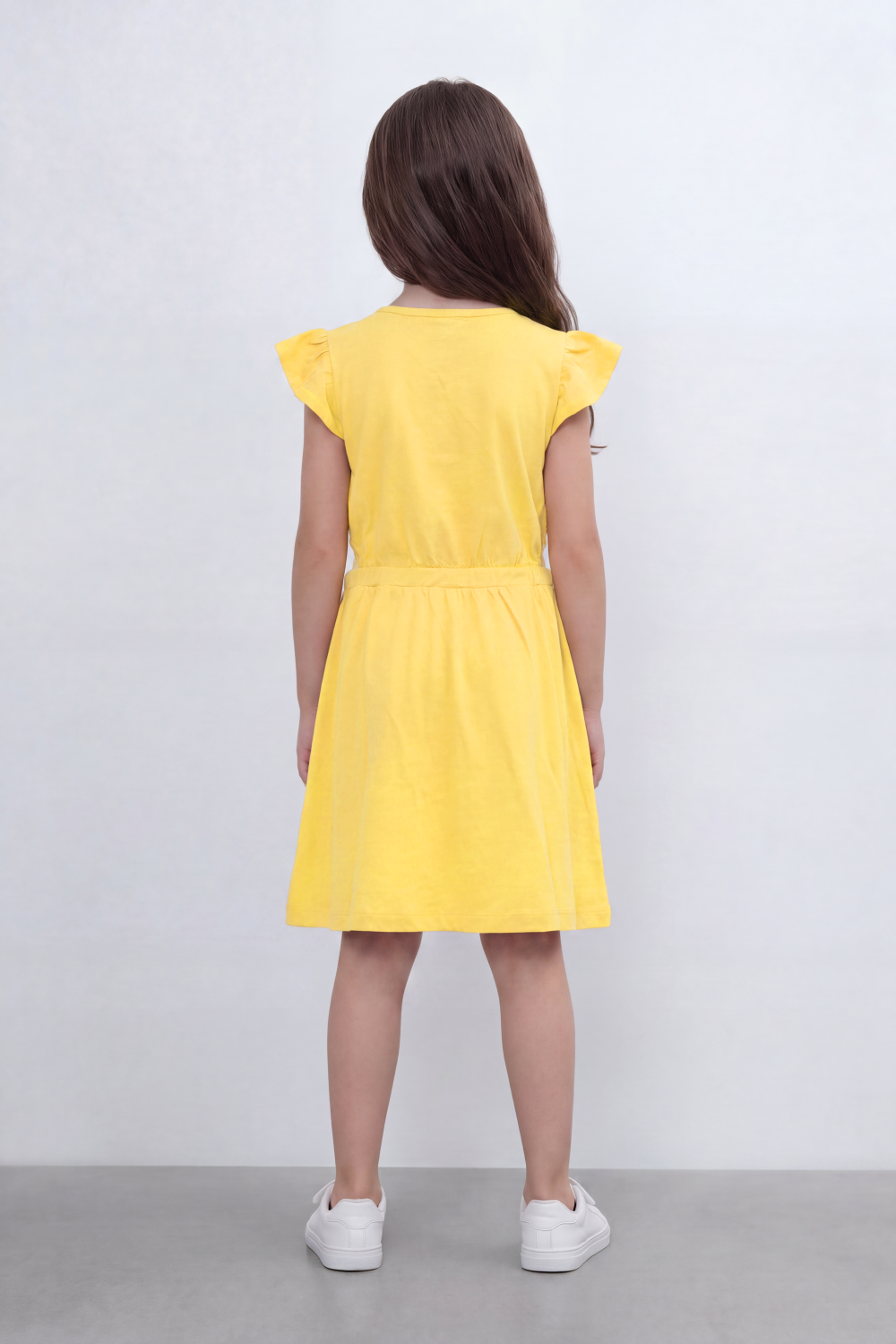 Girl's Tomato Store Sweet Bloom Dress Regular Fit Tonal Chest Script Detail Clean Plain Surface Gathered Waistline Ruffle Shoulder Trim