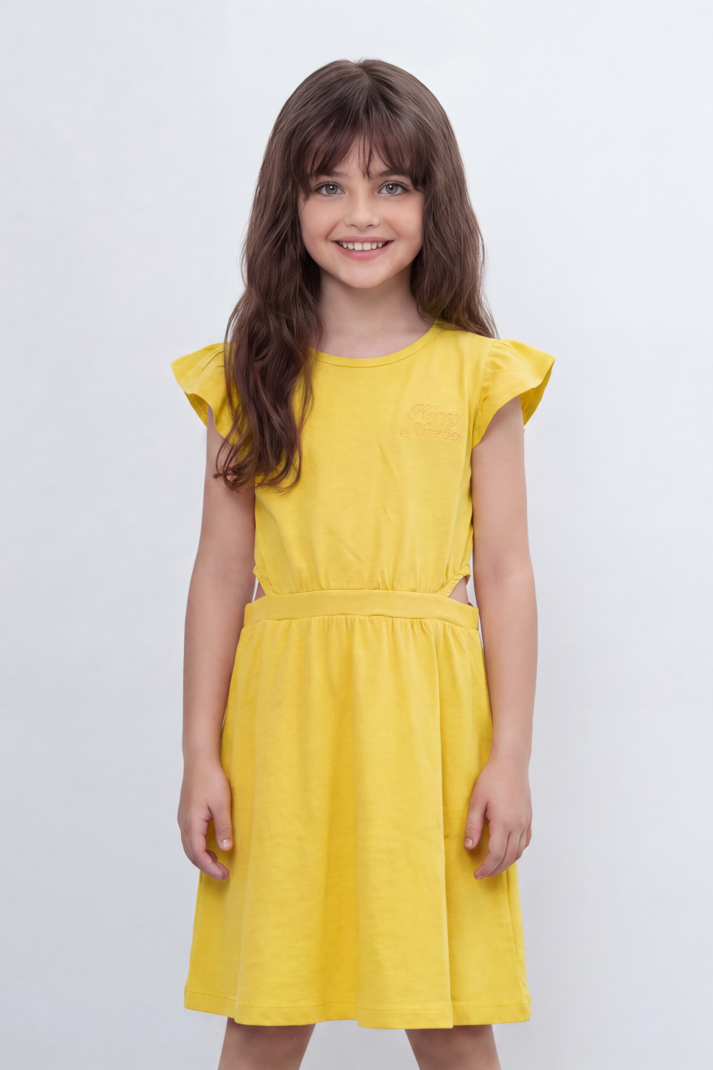Girl's Tomato Store Sweet Bloom Dress Regular Fit Tonal Chest Script Detail Clean Plain Surface Gathered Waistline Ruffle Shoulder Trim