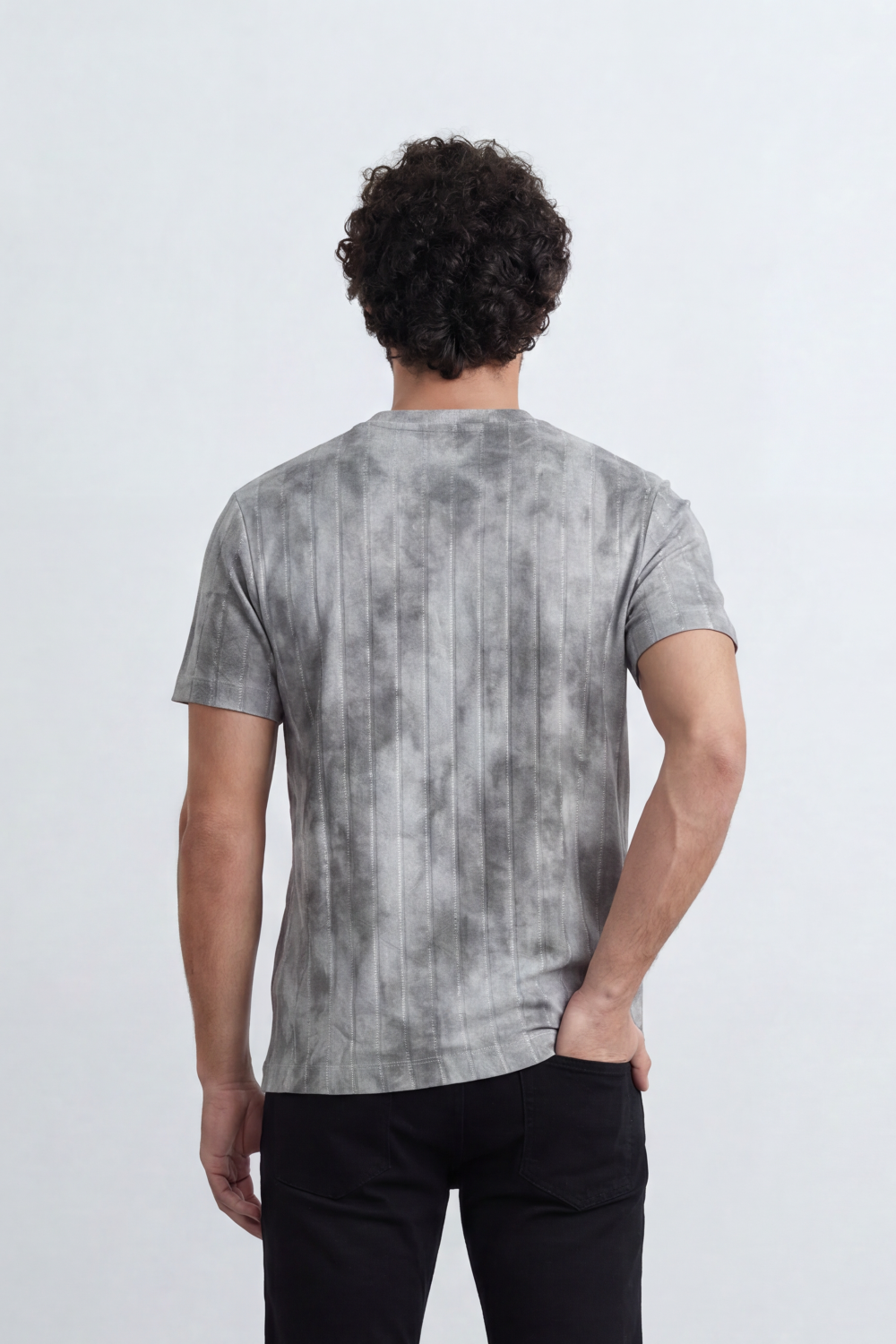 Men’s Tomato Store Vertical Fade T-Shirt Washed Stripe Texture Runs Down Body Tonal Speckle Grain Detail Regular