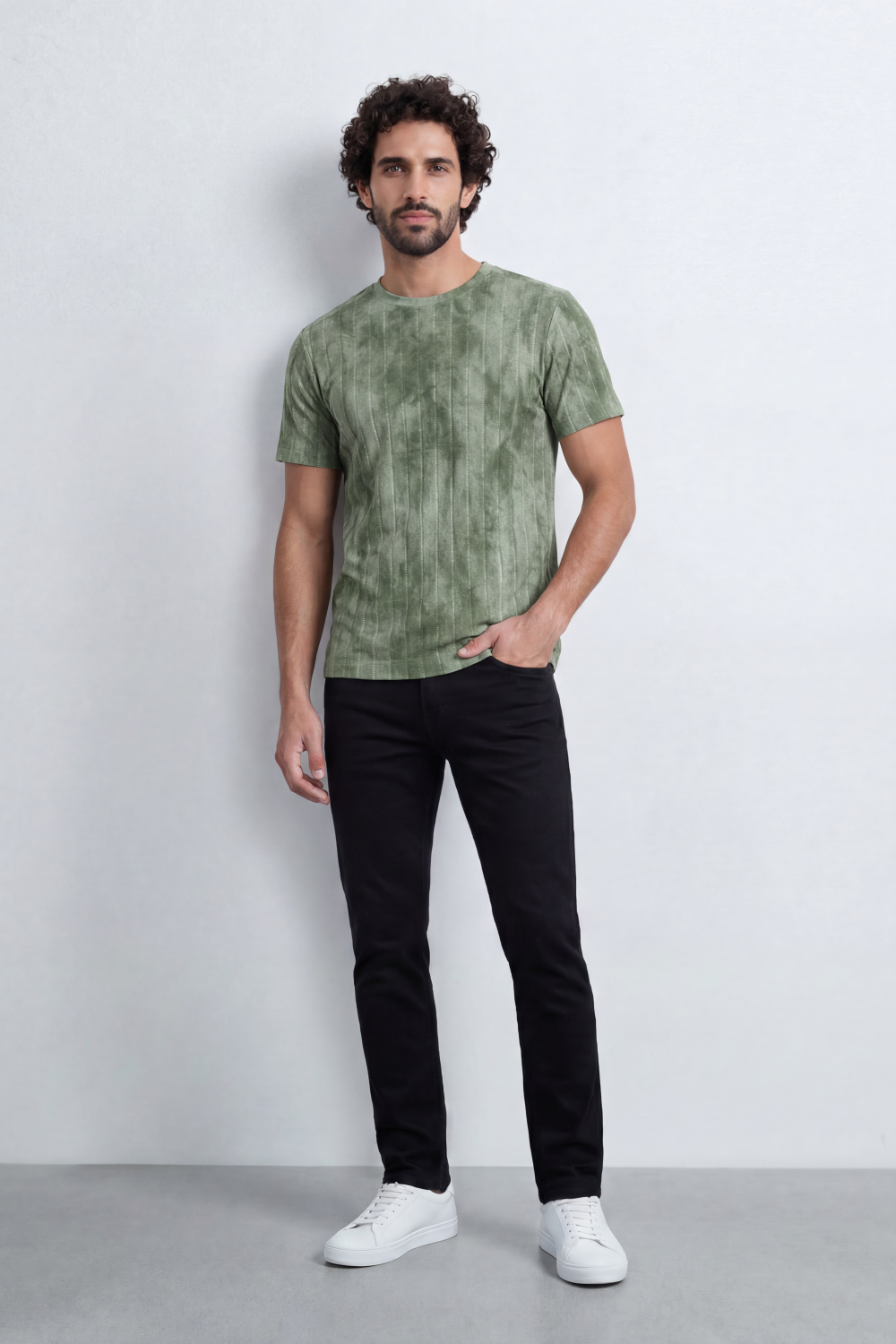 Men’s Tomato Store Vertical Fade T-Shirt Washed Stripe Texture Runs Down Body Tonal Speckle Grain Detail Regular