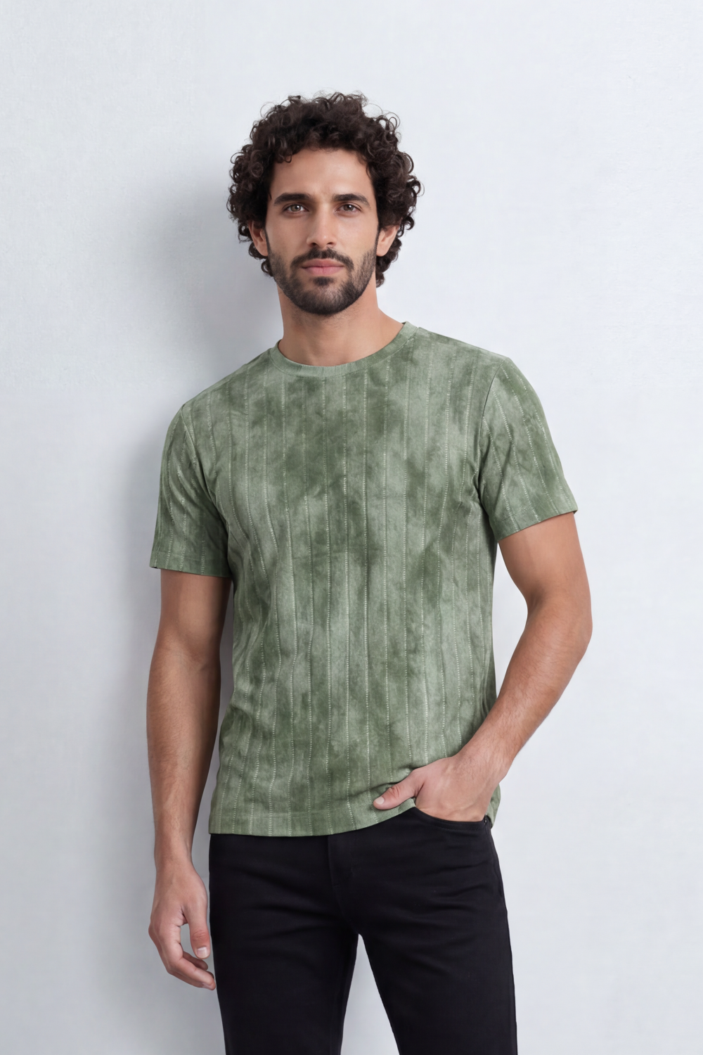 Men’s Tomato Store Vertical Fade T-Shirt Washed Stripe Texture Runs Down Body Tonal Speckle Grain Detail Regular