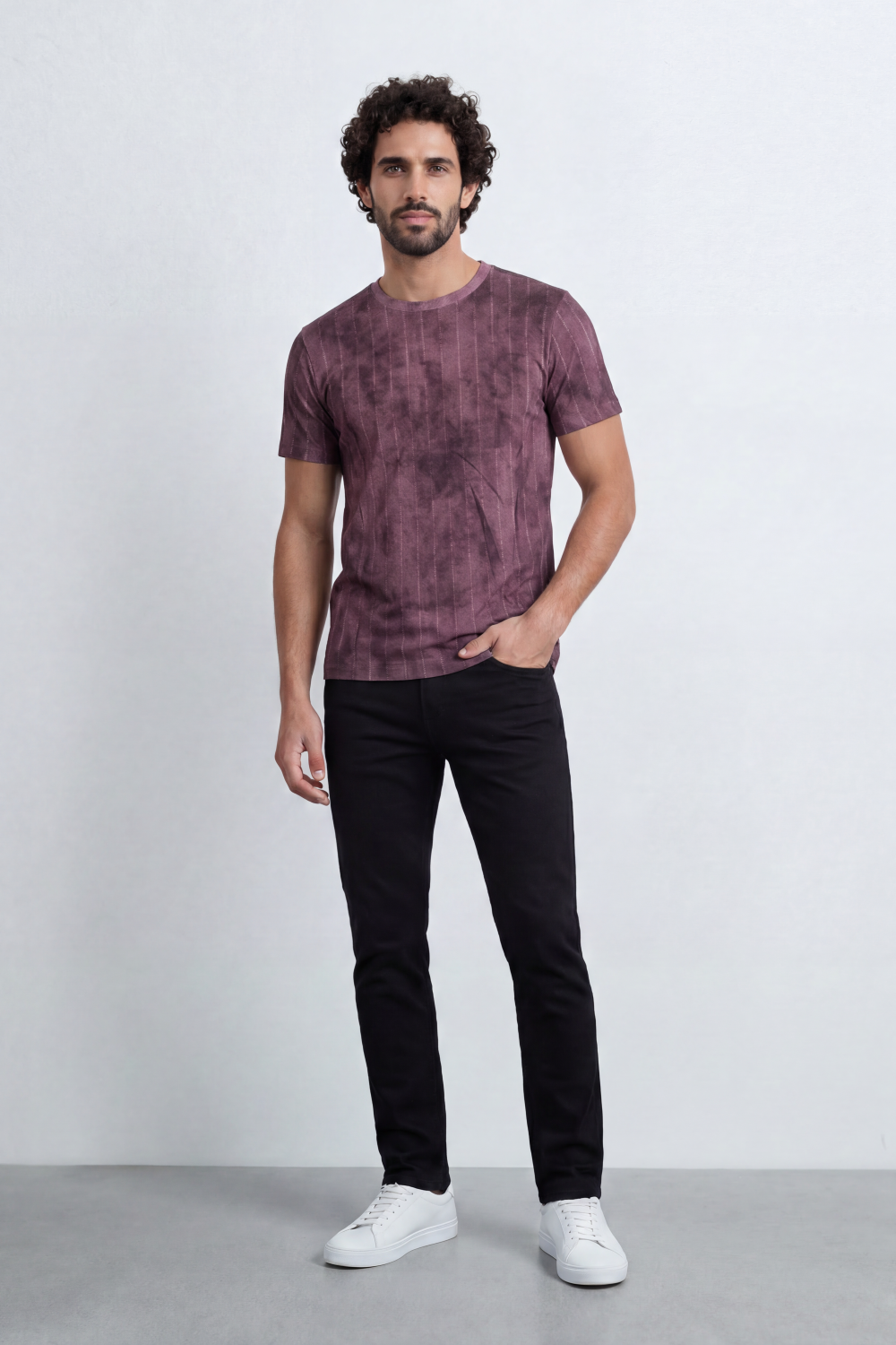 Men’s Tomato Store Vertical Fade T-Shirt Washed Stripe Texture Runs Down Body Tonal Speckle Grain Detail Regular