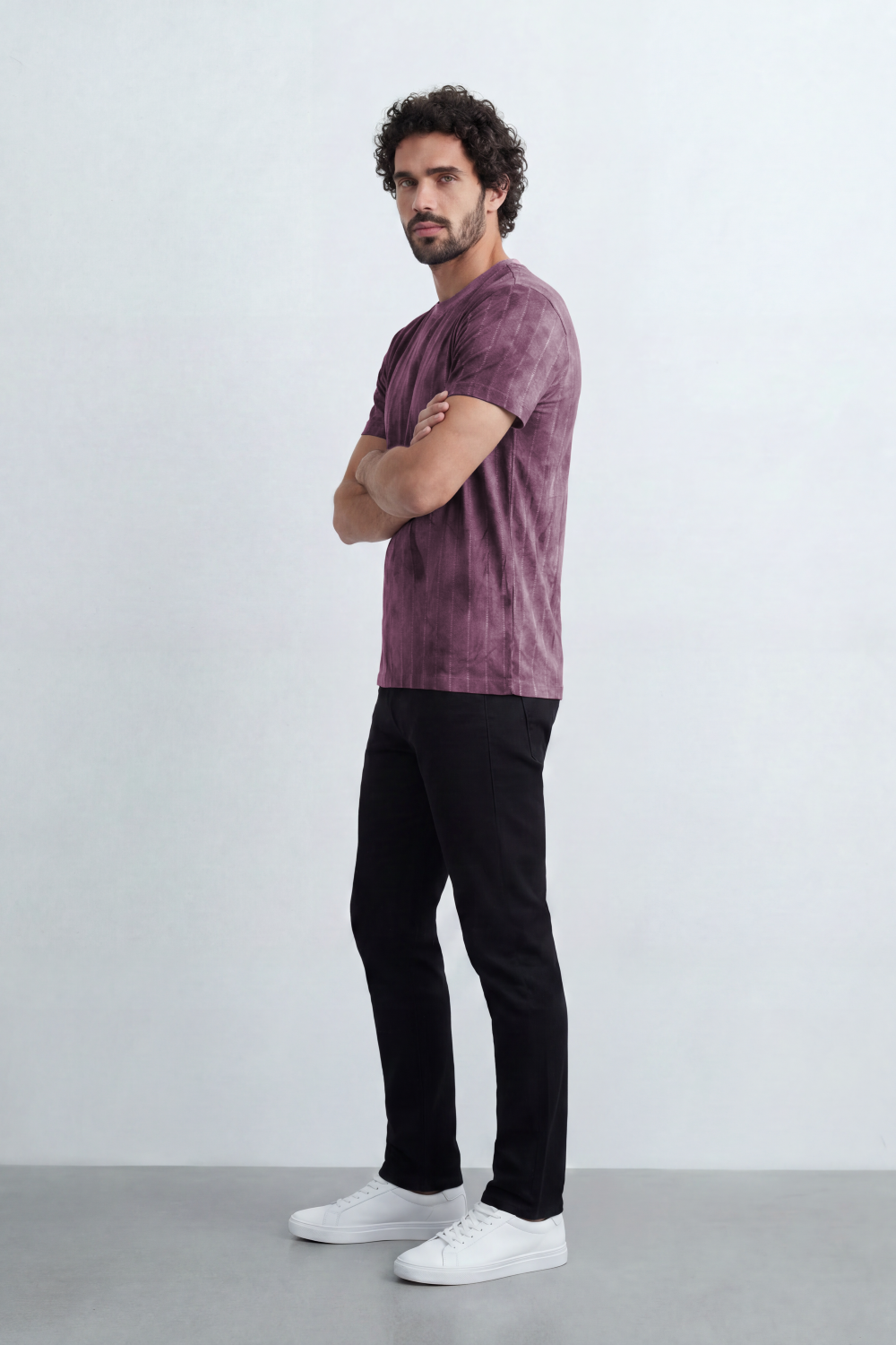 Men’s Tomato Store Vertical Fade T-Shirt Washed Stripe Texture Runs Down Body Tonal Speckle Grain Detail Regular