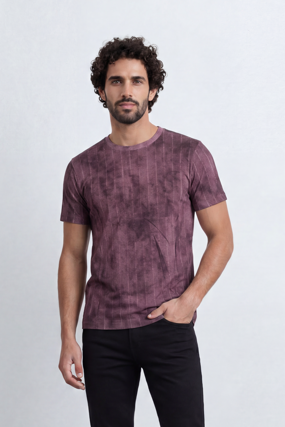 Men’s Tomato Store Vertical Fade T-Shirt Washed Stripe Texture Runs Down Body Tonal Speckle Grain Detail Regular