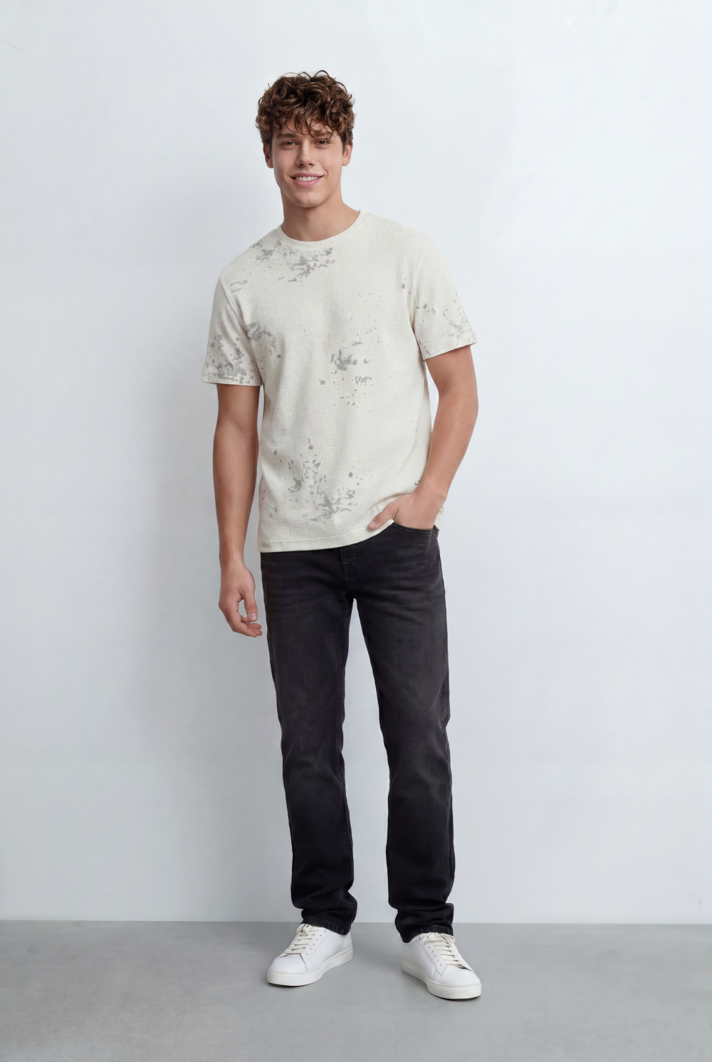 Men’s Tomato Store Textured Waffle T-Shirt With Washed Distress Effect Crew Neck Relaxed Fit