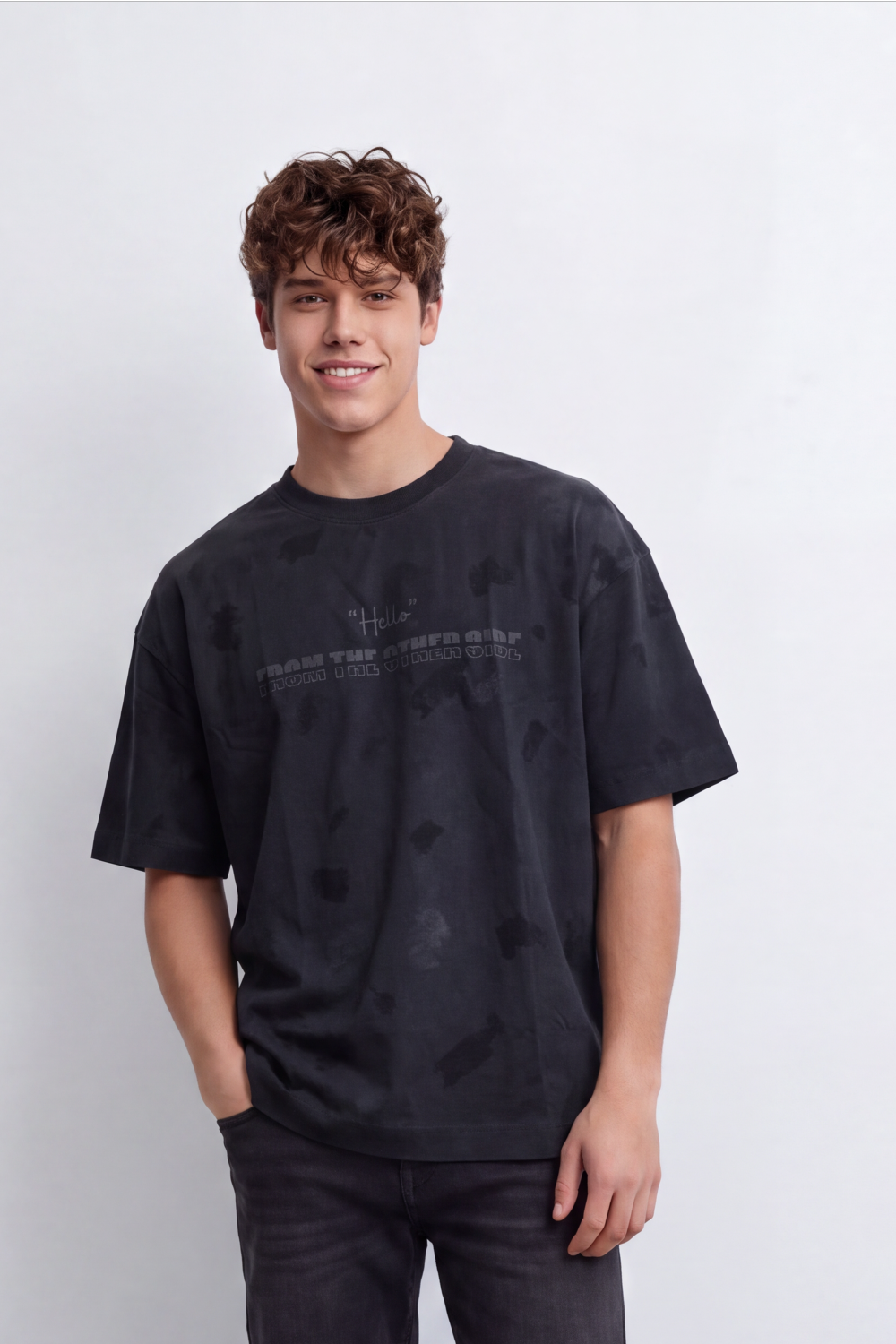 Men's Tomato Store Washed T-Shirt Tonal Distressed Graphic Detail Drop Shoulder Relaxed Fit