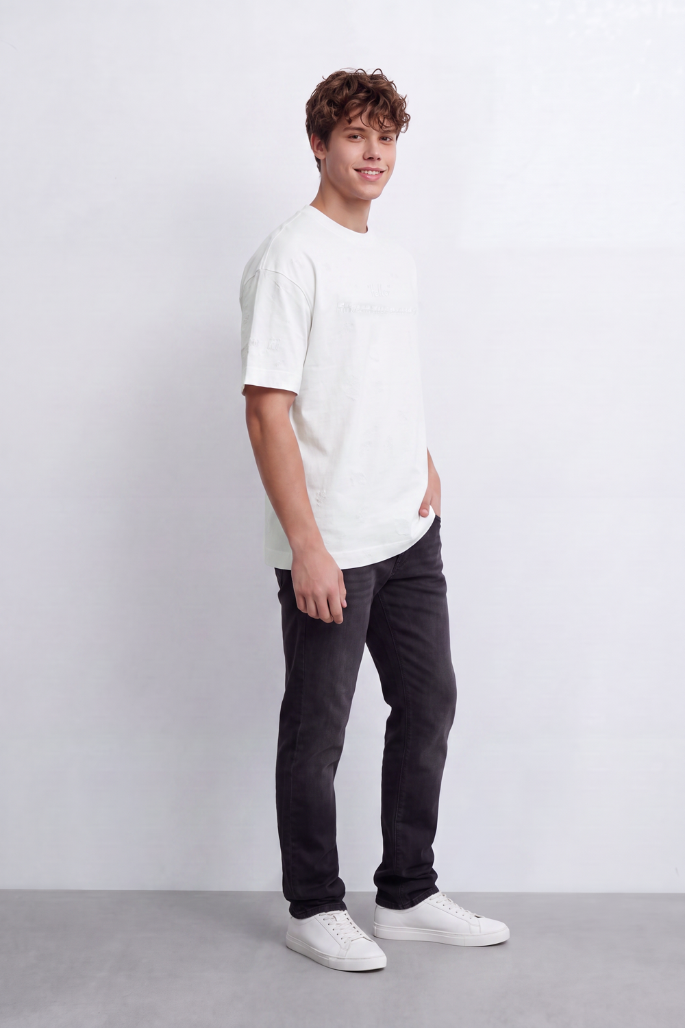 Men's Tomato Store Washed T-Shirt Tonal Distressed Graphic Detail Drop Shoulder Relaxed Fit