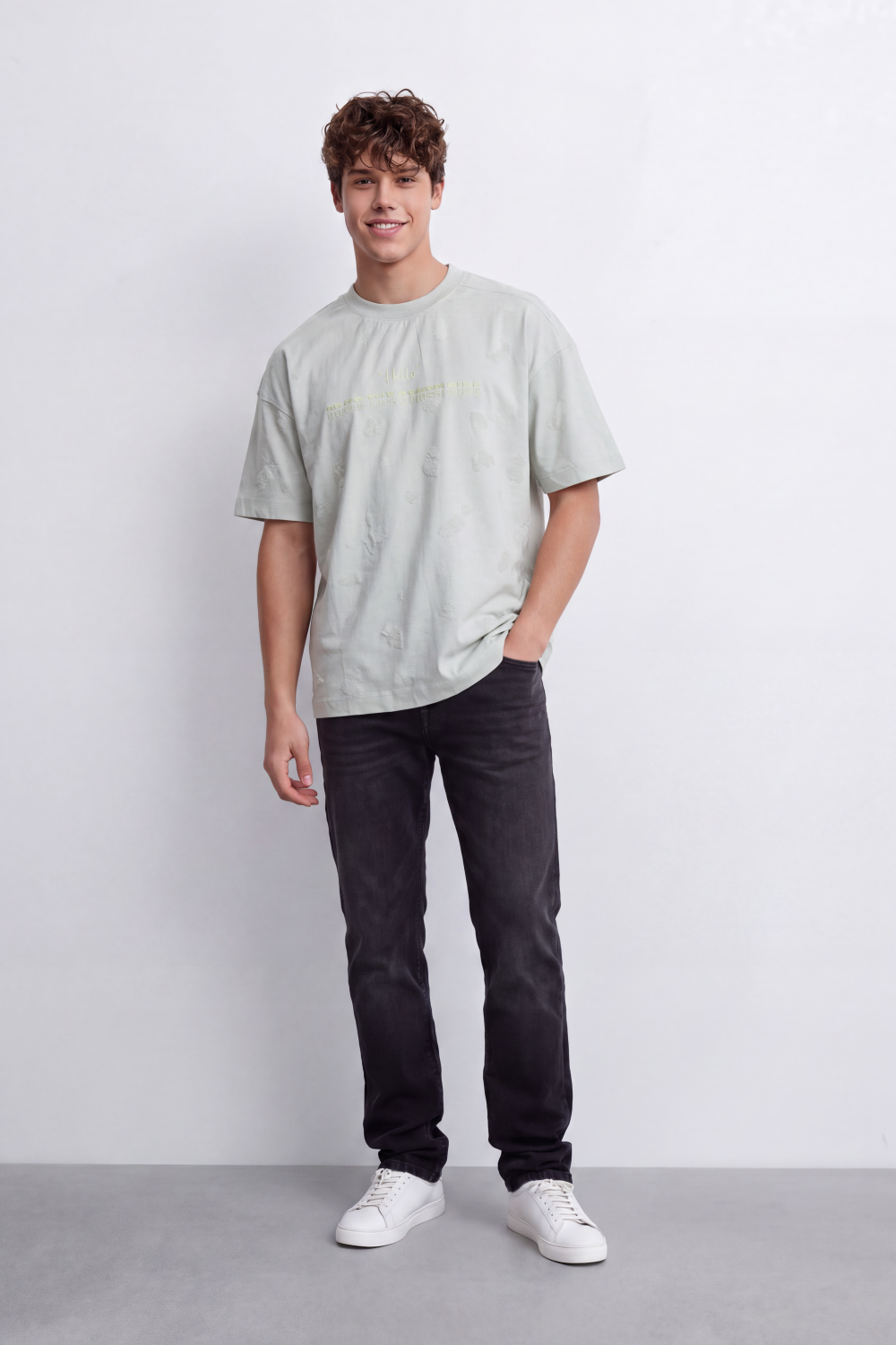Men's Tomato Store Washed T-Shirt Tonal Distressed Graphic Detail Drop Shoulder Relaxed Fit