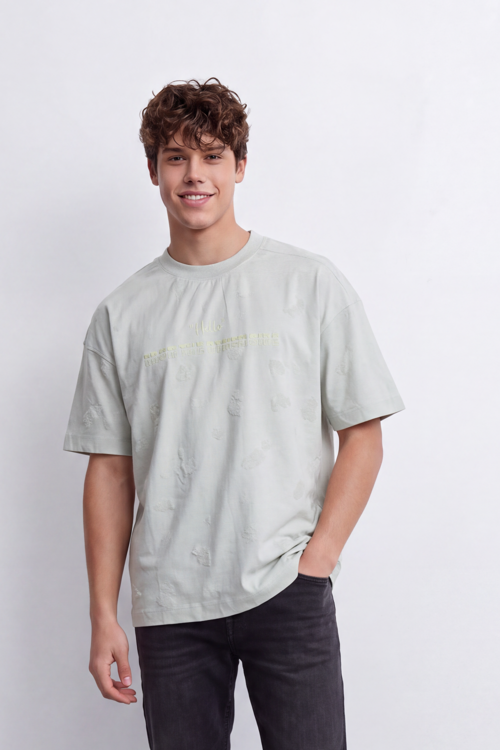 Men's Tomato Store Washed T-Shirt Tonal Distressed Graphic Detail Drop Shoulder Relaxed Fit