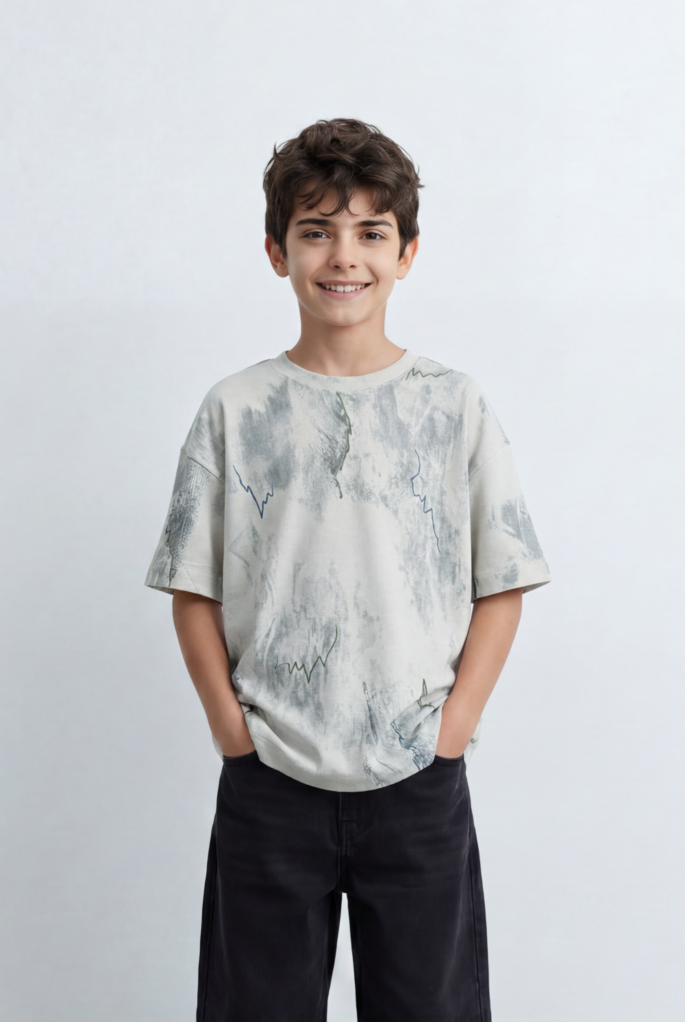 Boy’s Tomato Store Graphic Oversized T-Shirt Abstract Marble Inspired Print Artistic Sketch Details