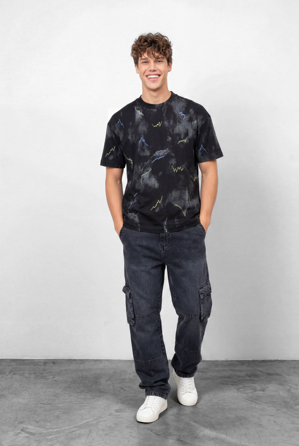 Men’s Tomato Store Graphic T-Shirt Cloud Wash Finish Abstract Line Print Details