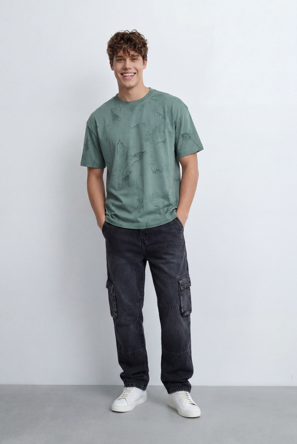 Men’s Tomato Store Graphic T-Shirt Cloud Wash Finish Abstract Line Print Details