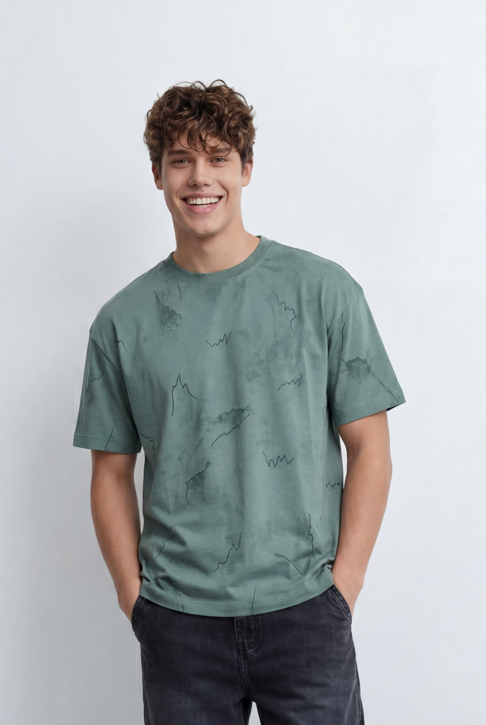 Men’s Tomato Store Graphic T-Shirt Cloud Wash Finish Abstract Line Print Details